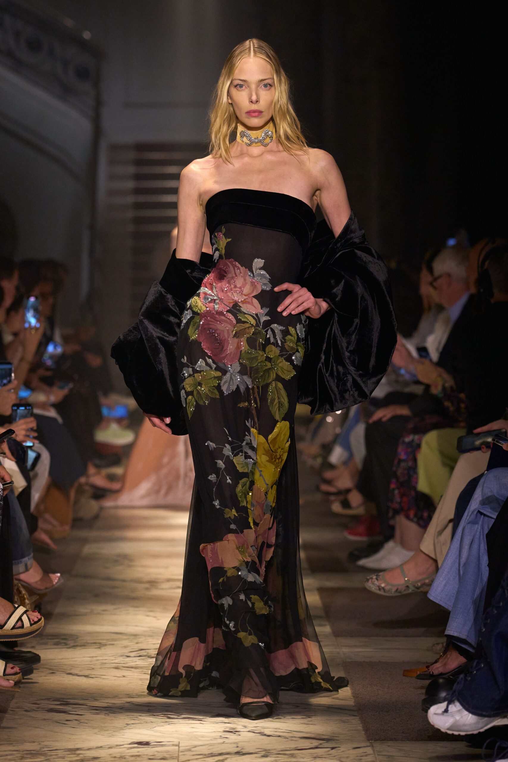 black floral gown with velvet jacket