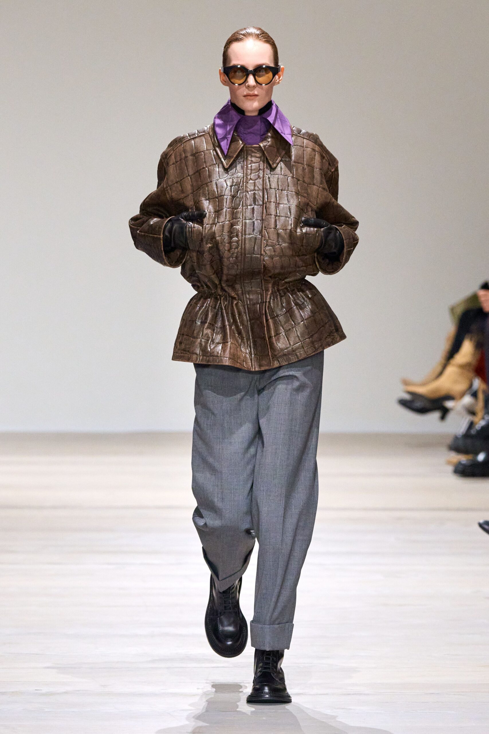 brown leather long-sleeve collared fitted quilted jacket