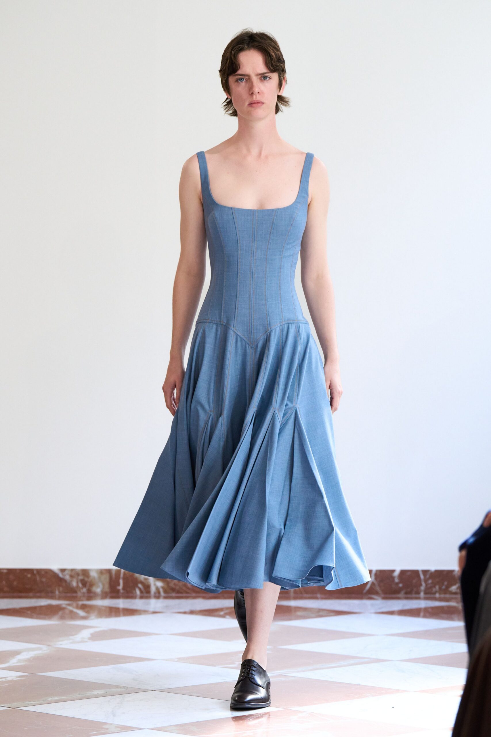 blue cotton sleeveless square-neck fitted pleated midi dress