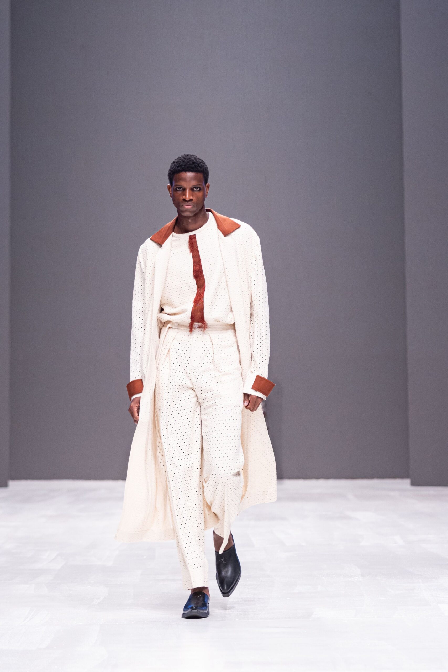 white cotton coat with black shoes
