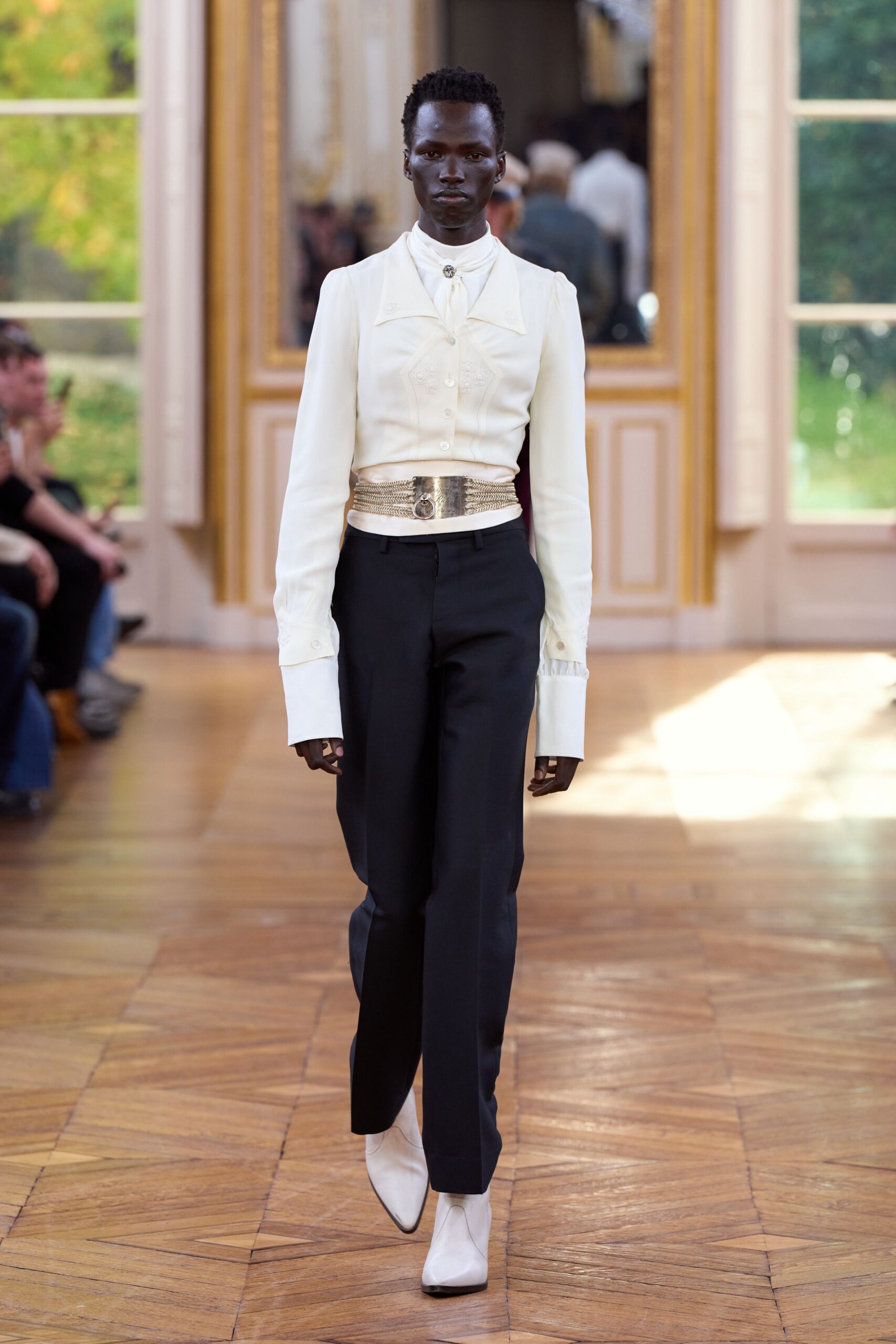 white fitted shirt black tailored pants