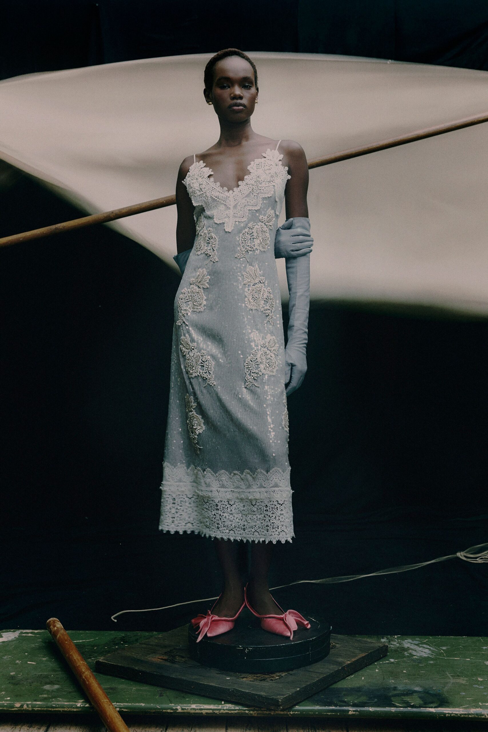 gray silk sleeveless v-neck fitted embroidered tiered dress
