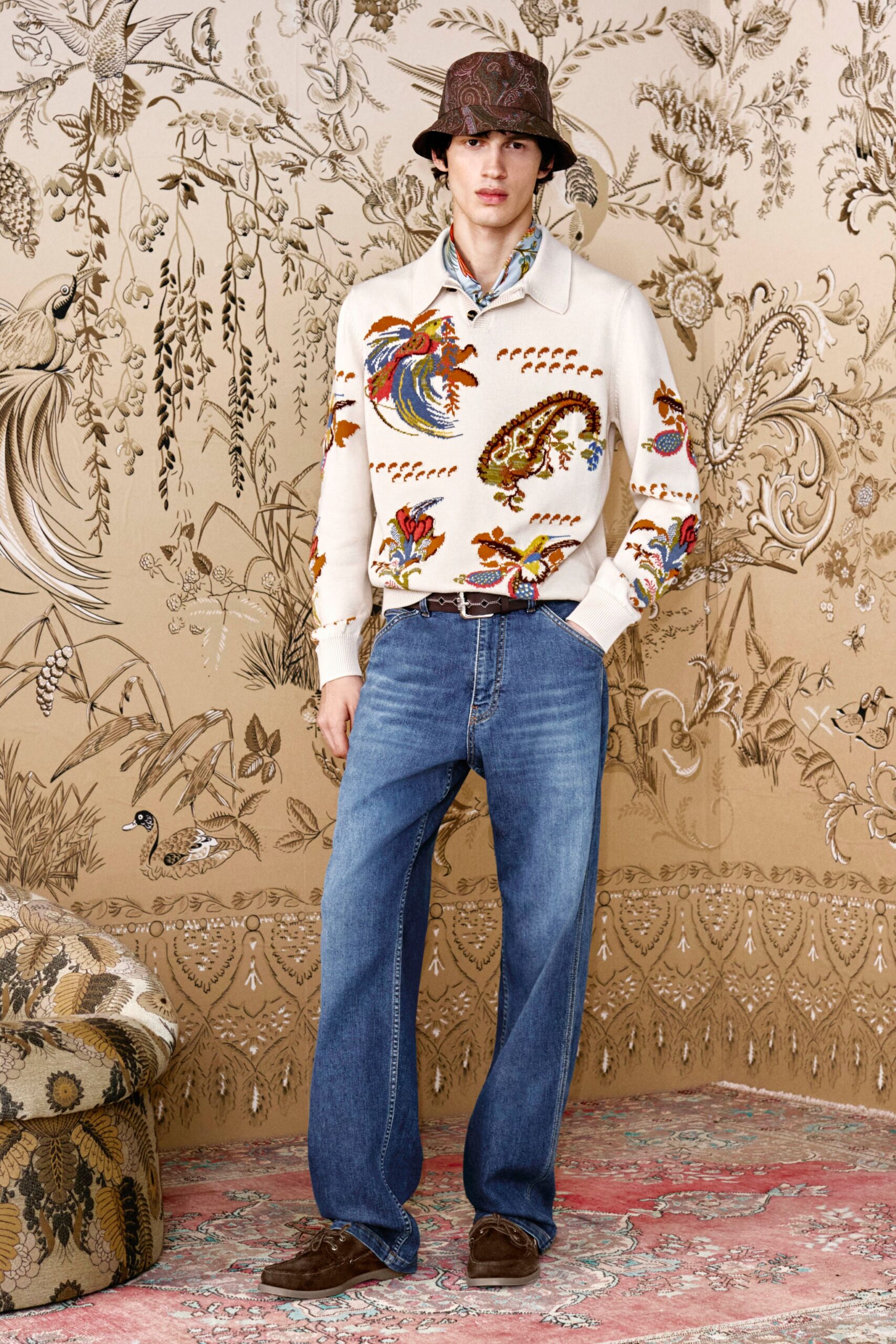 beige embroidered shirt with blue jeans