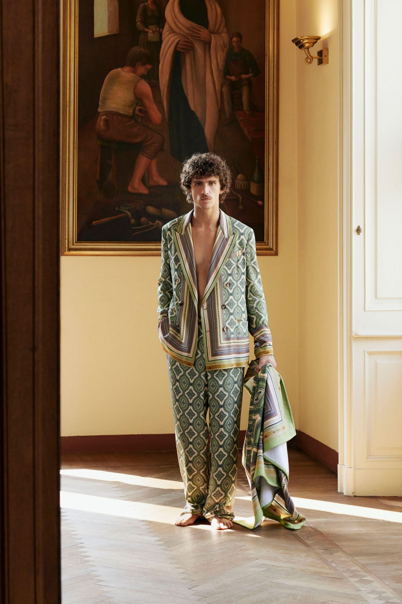green printed suit with scarf