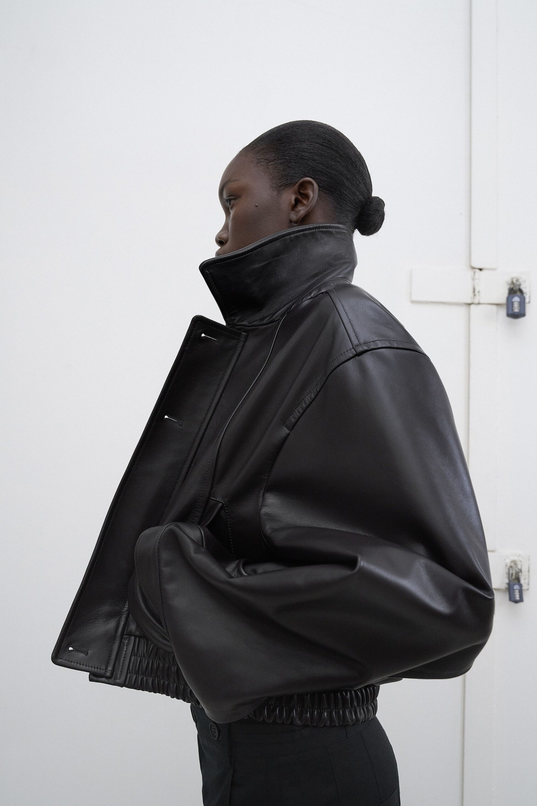 black oversized leather jacket