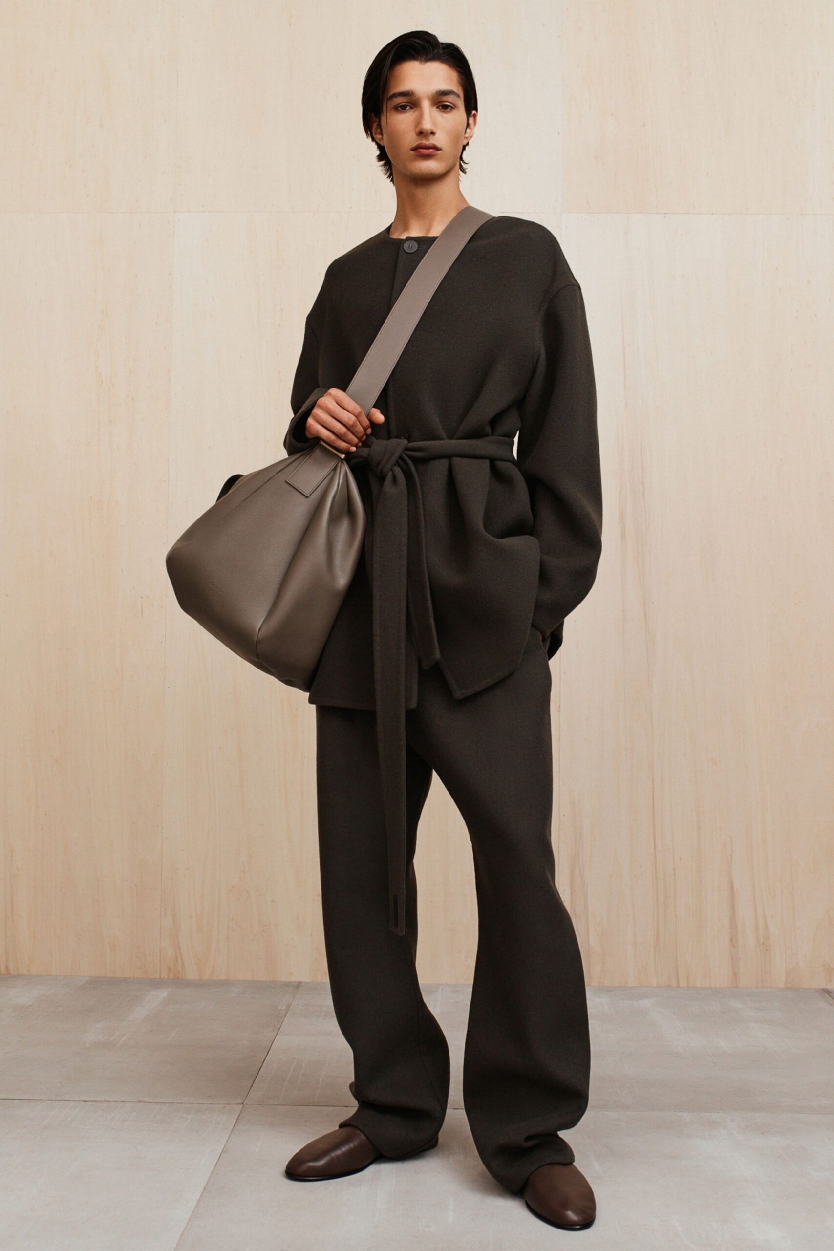 brown wool long-sleeve collared relaxed belted top