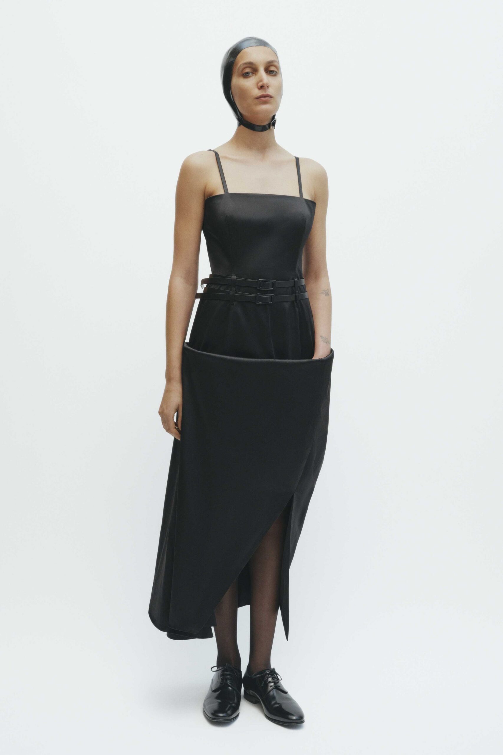 black silk sleeveless asymmetric dress