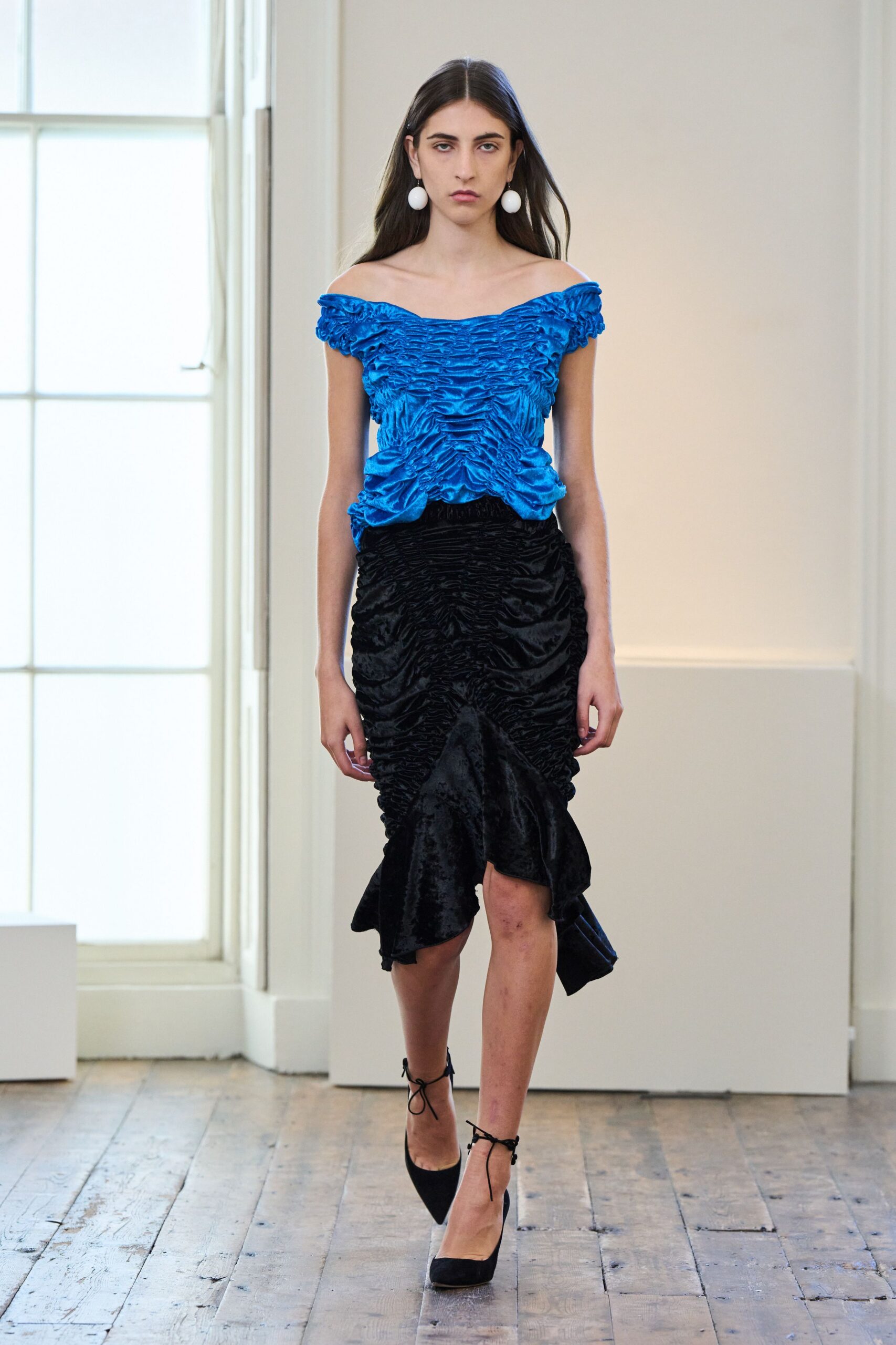 blue silk off-shoulder fitted ruffled top
