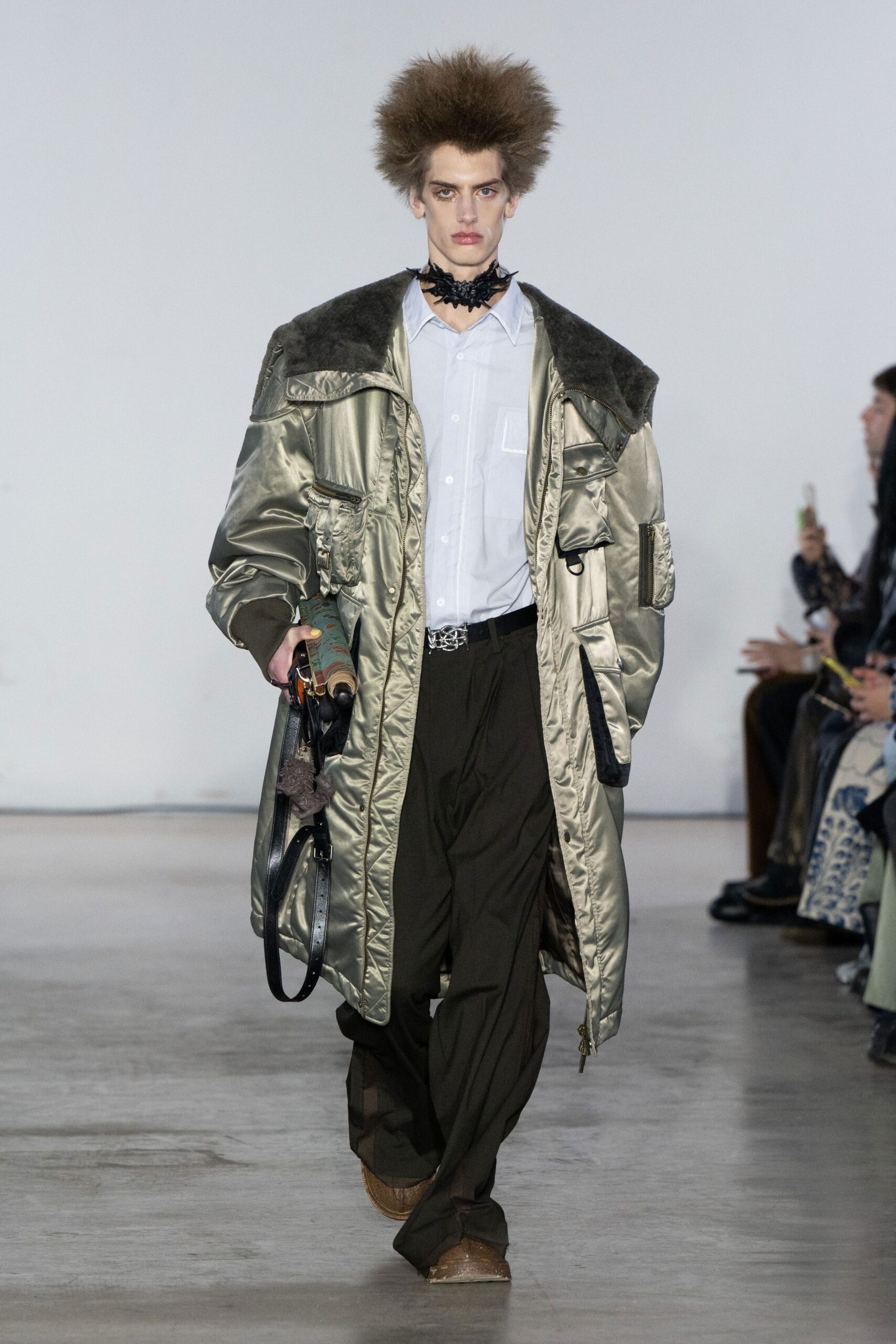 gray silk long-sleeve collared relaxed zippered coat