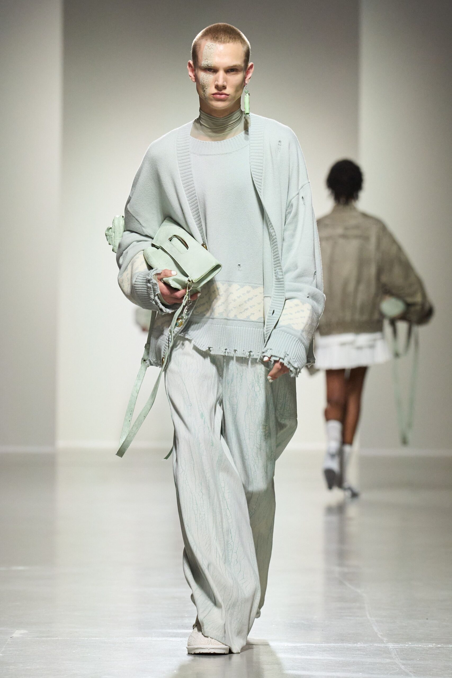 green cotton long-sleeve high-neck oversized fringed sweater
