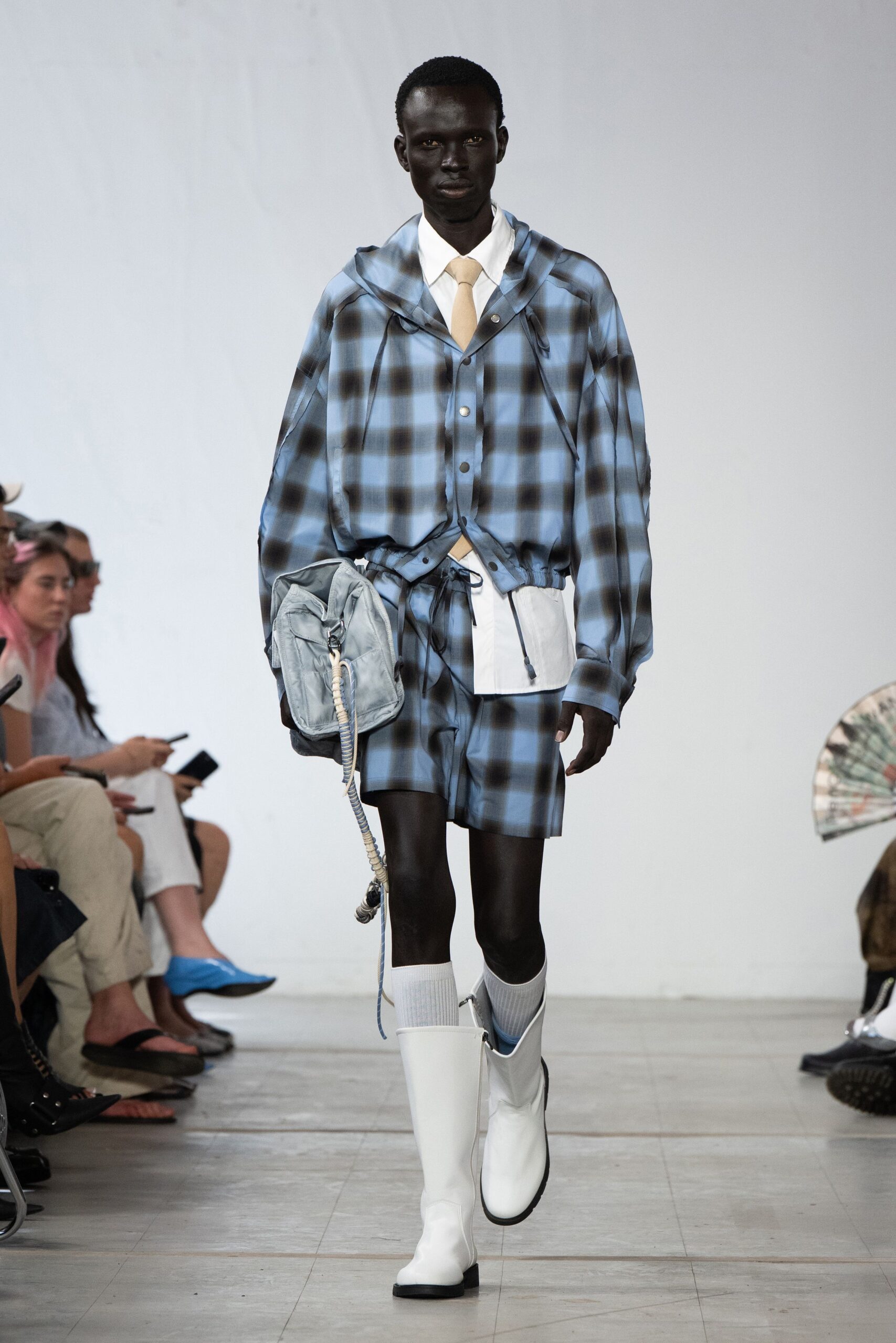 blue checked jacket and shorts