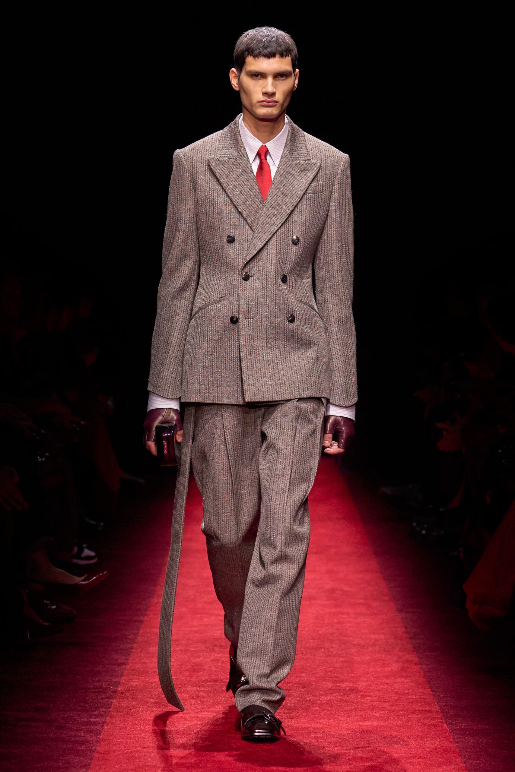 gray wool long-sleeve collared tailored striped buttoned suit