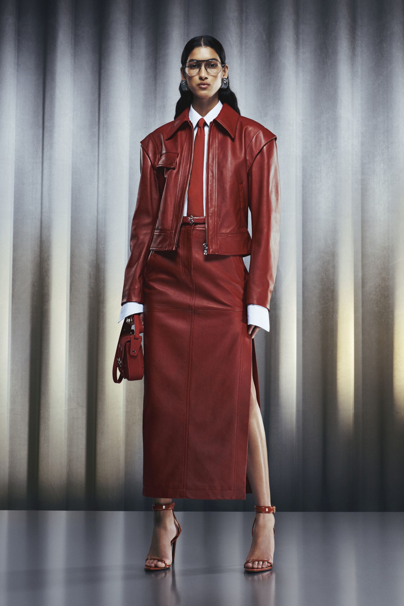 red leather slit fitted high-waisted midi skirt