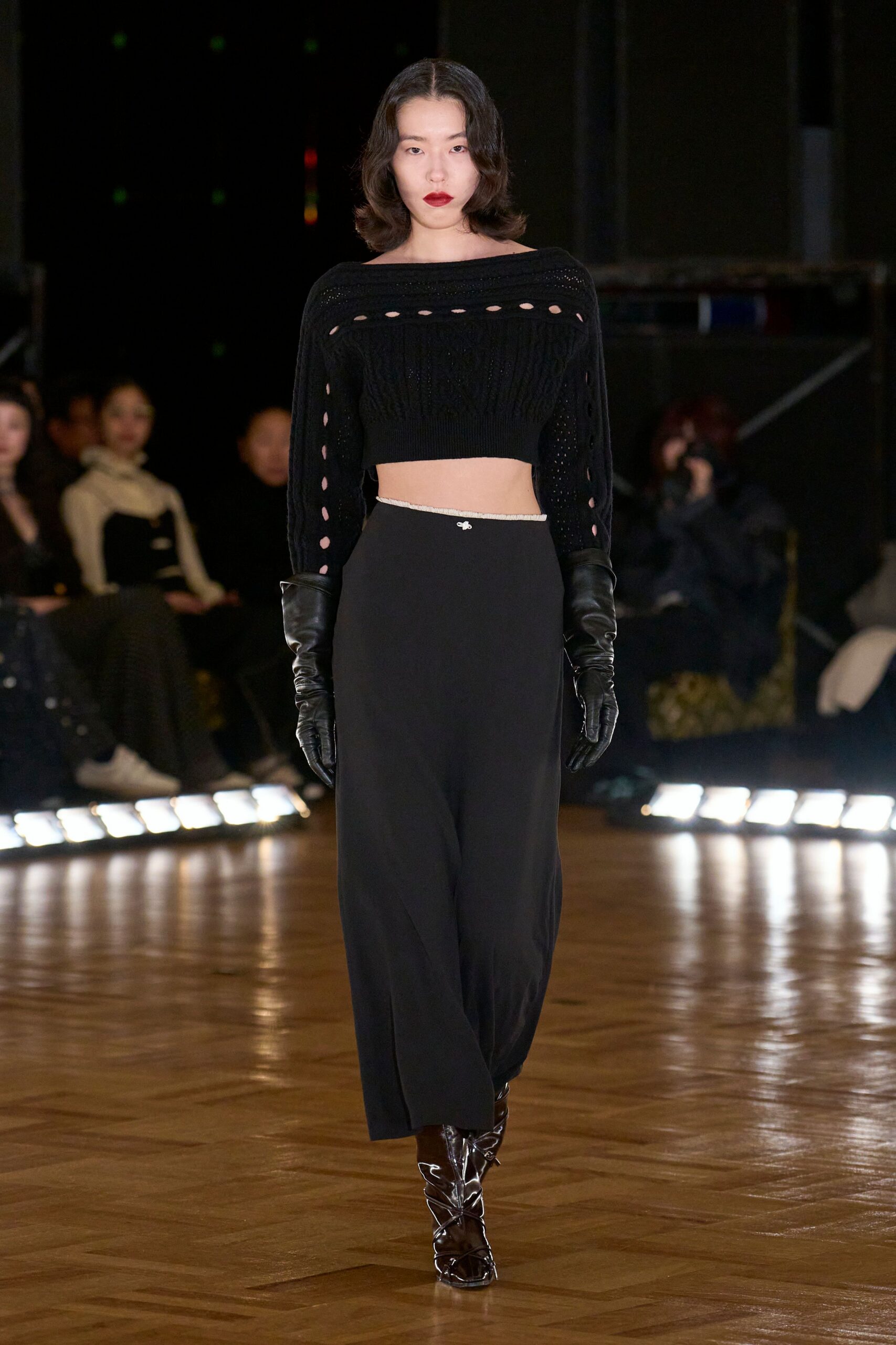black cropped knit top and midi skirt