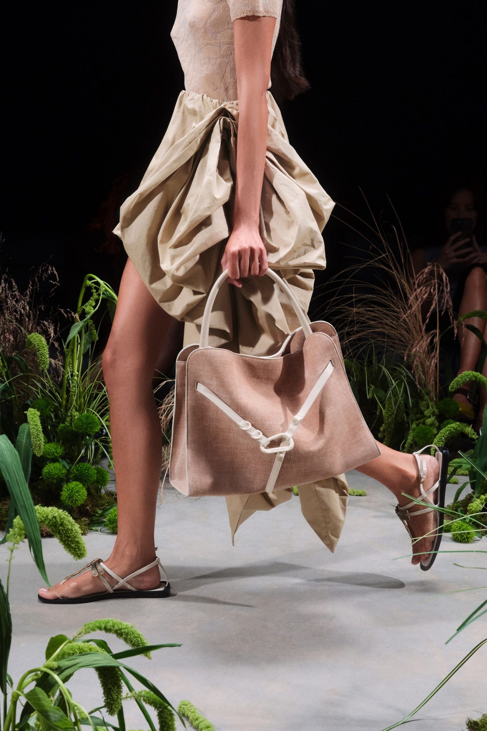 beige pleated mini dress with gold sandals