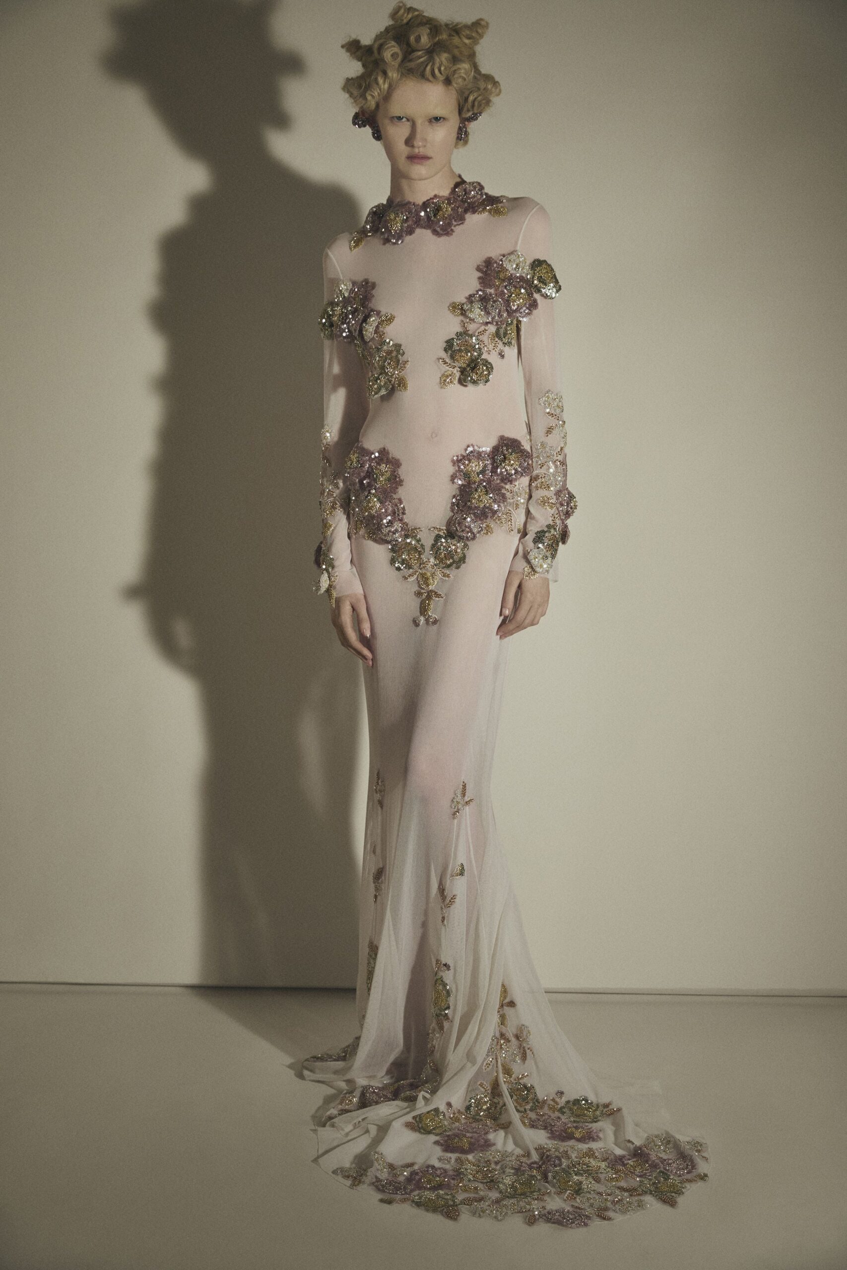 pink embroidered sheer gown