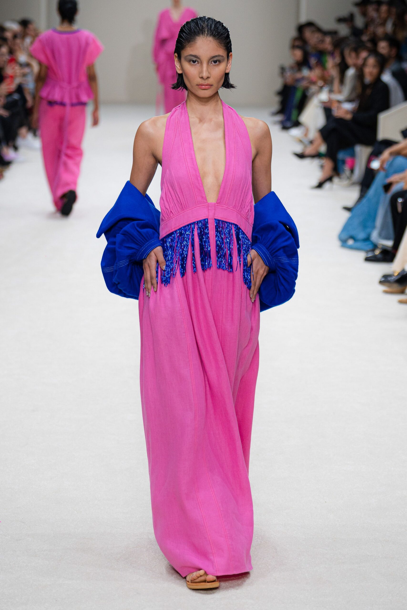 pink silk sleeveless v-neck fitted draped beaded gown