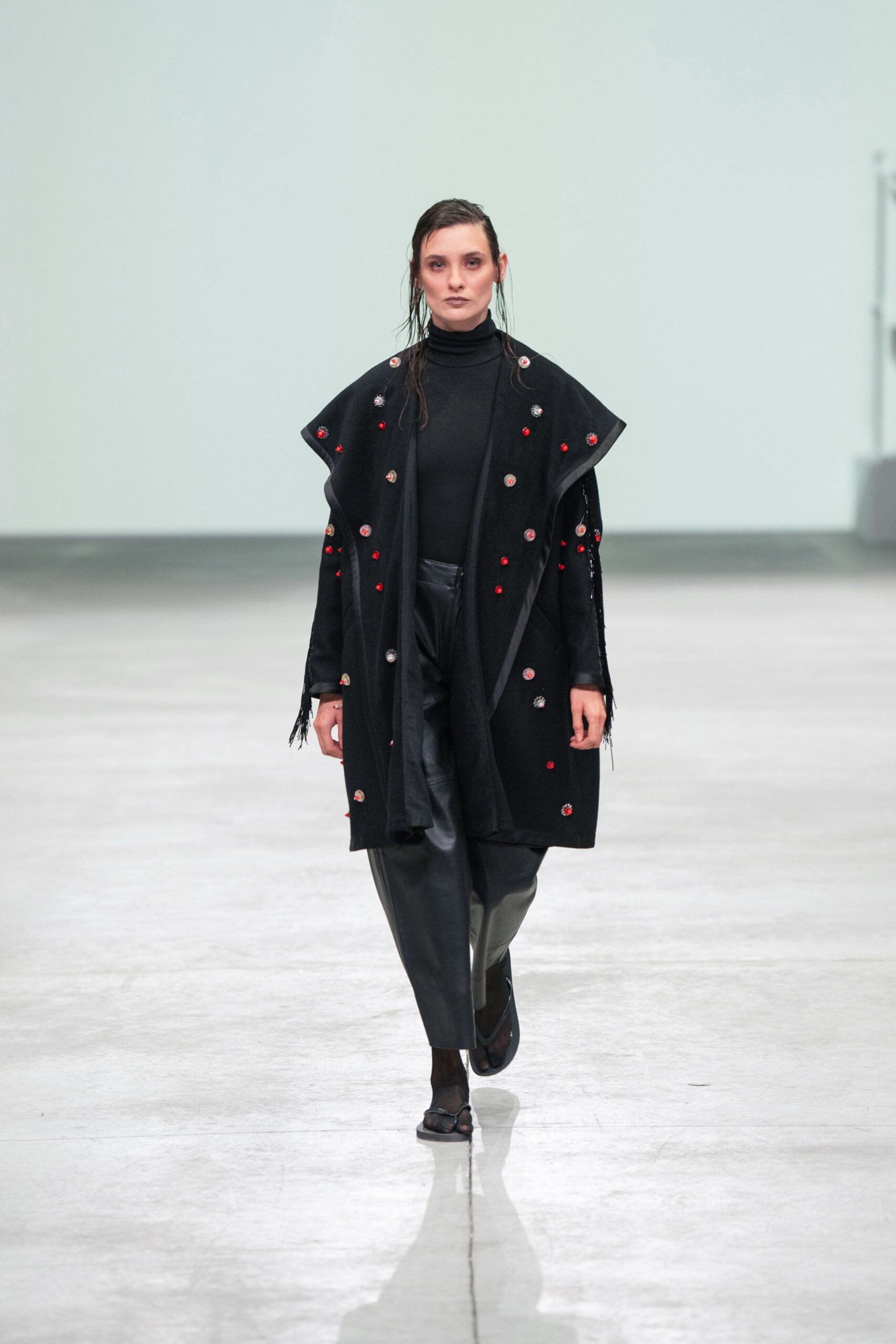 black wool long-sleeve collared relaxed embroidered fringed coat
