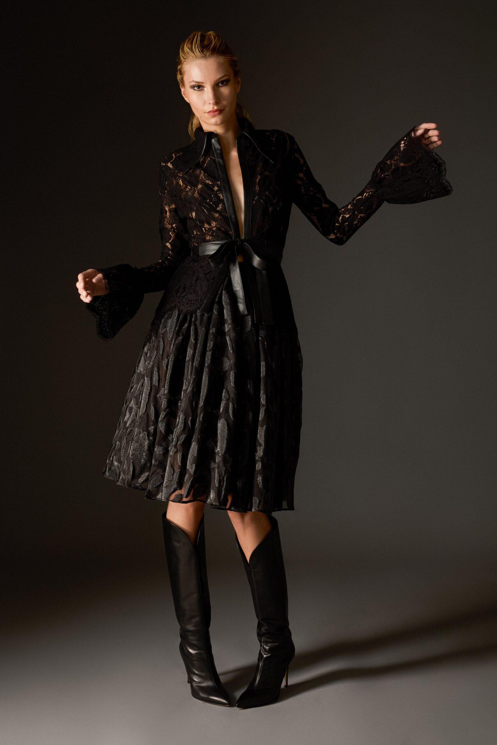 black lace midi dress with boots