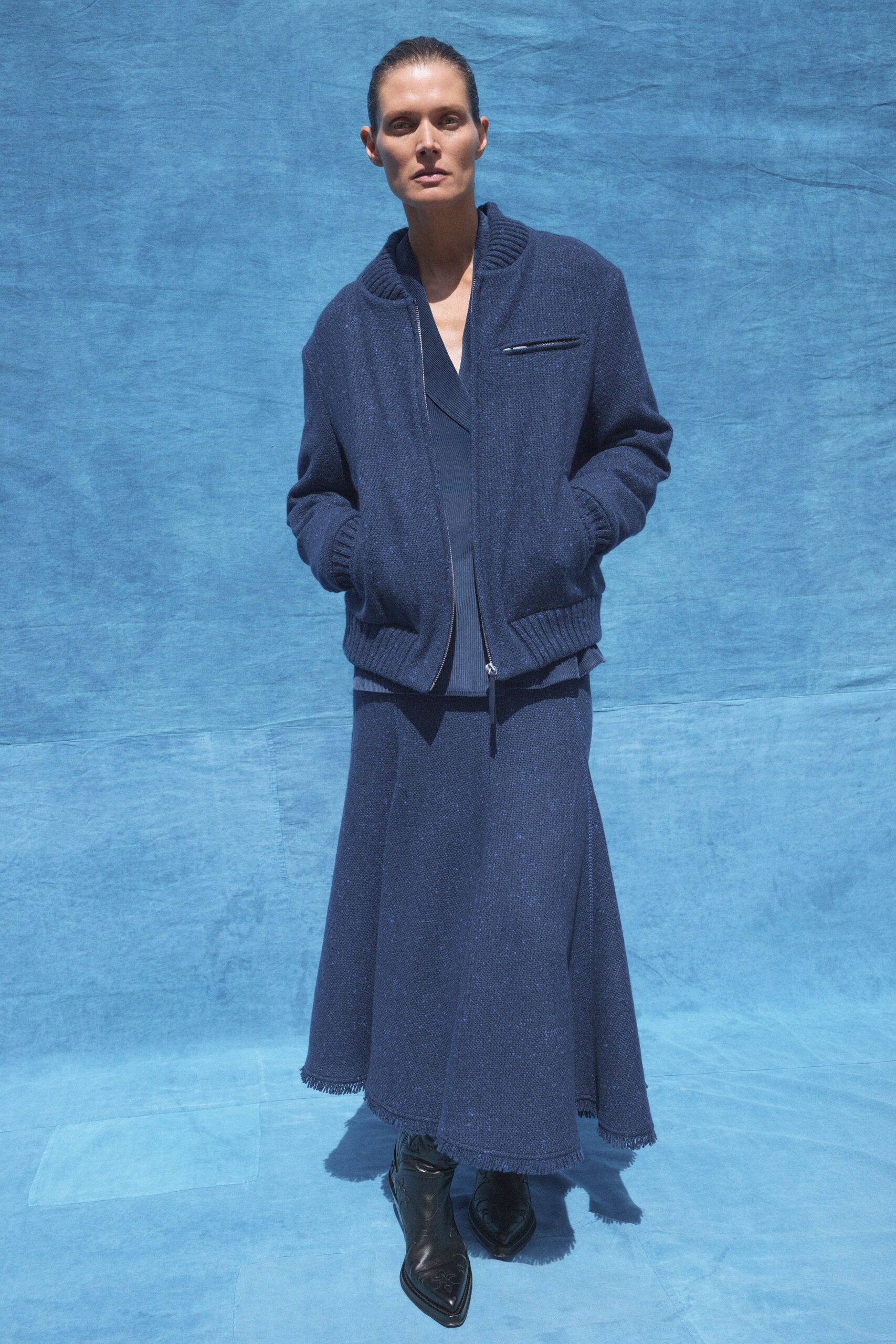 blue wool sleeveless v-neck fitted a-line midi dress