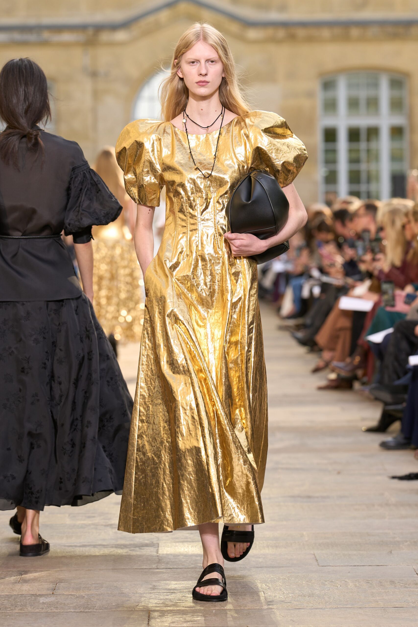gold silk short-sleeve v-neck fitted pleated shiny dress