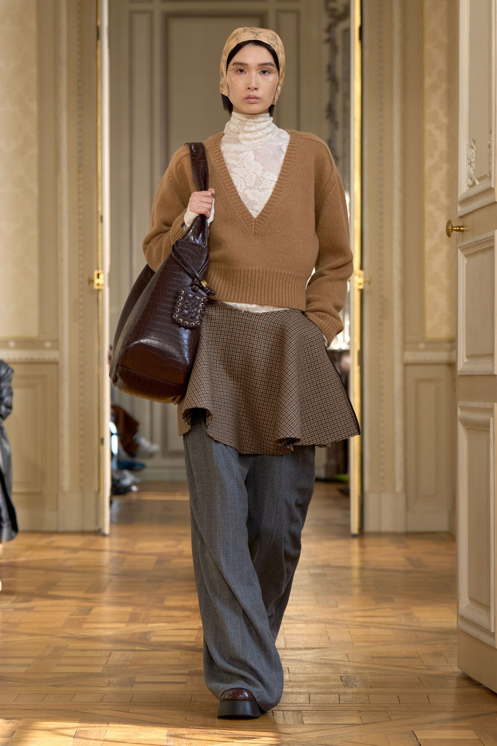 brown cotton fitted flared skirt