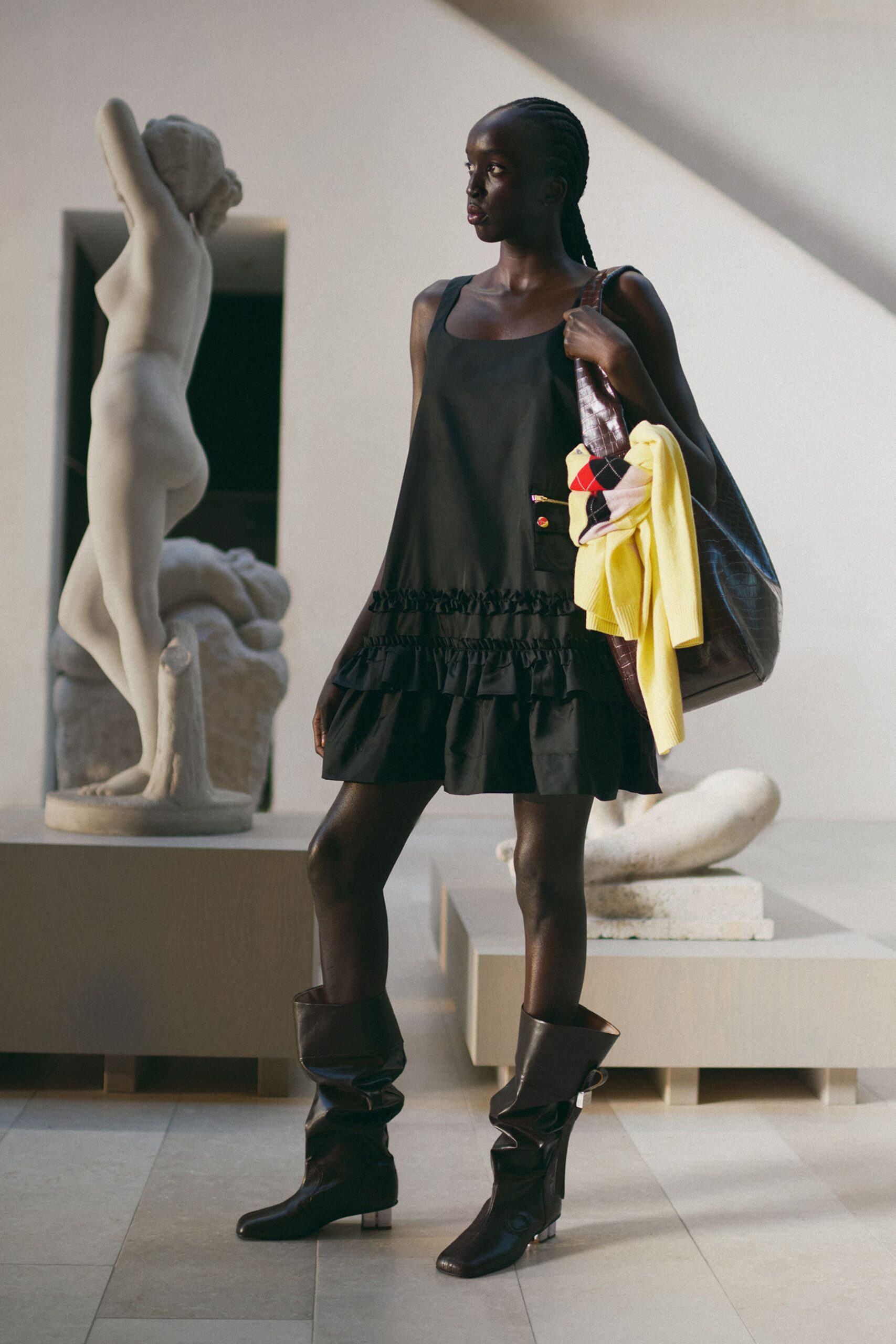 black mini dress with ruffles
