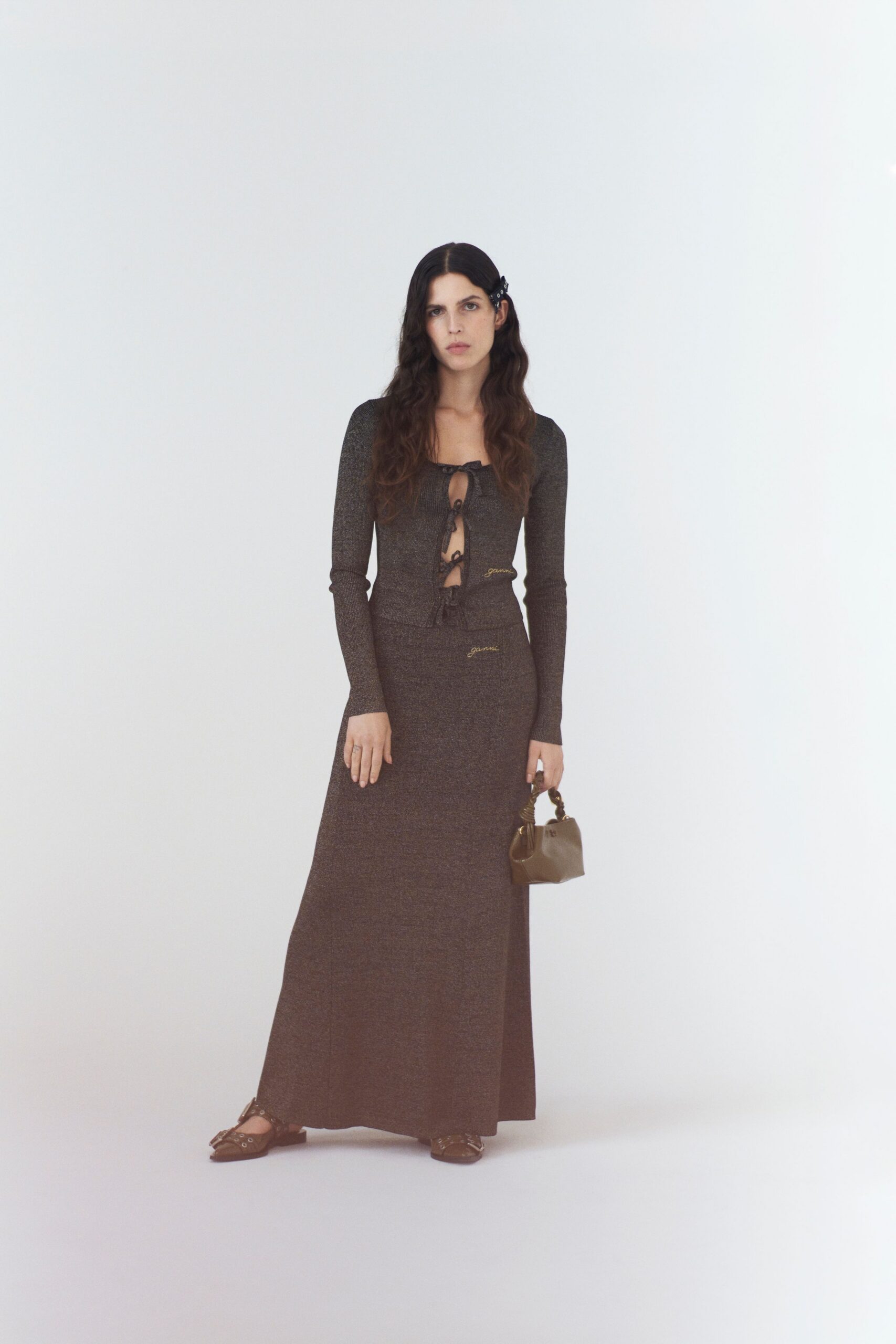 brown fitted long-sleeve dress