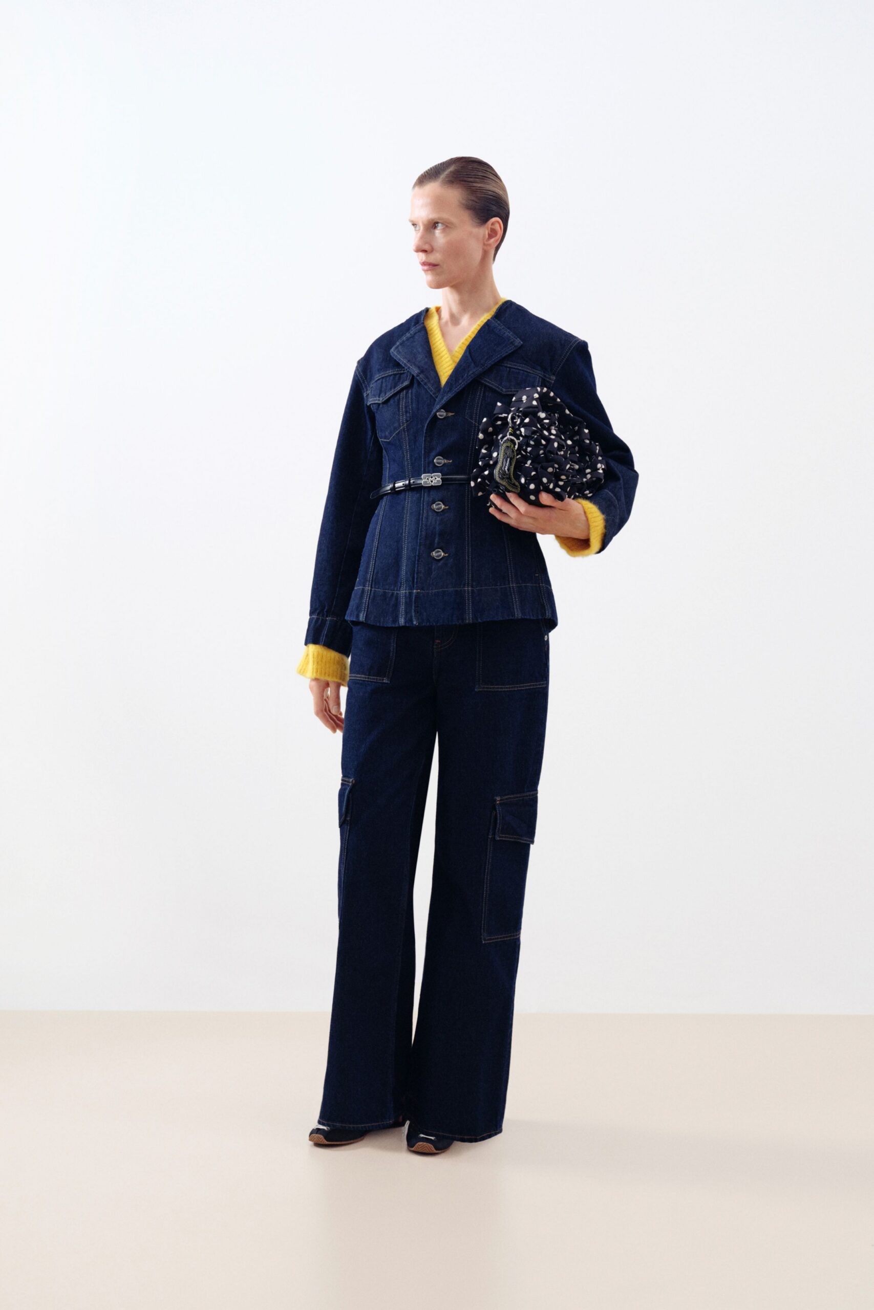 blue denim long-sleeve collared structured buttoned pockets jacket