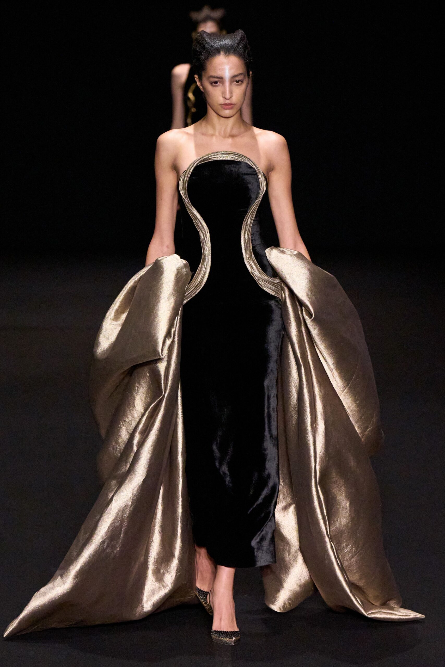 black velvet gown with gold accents