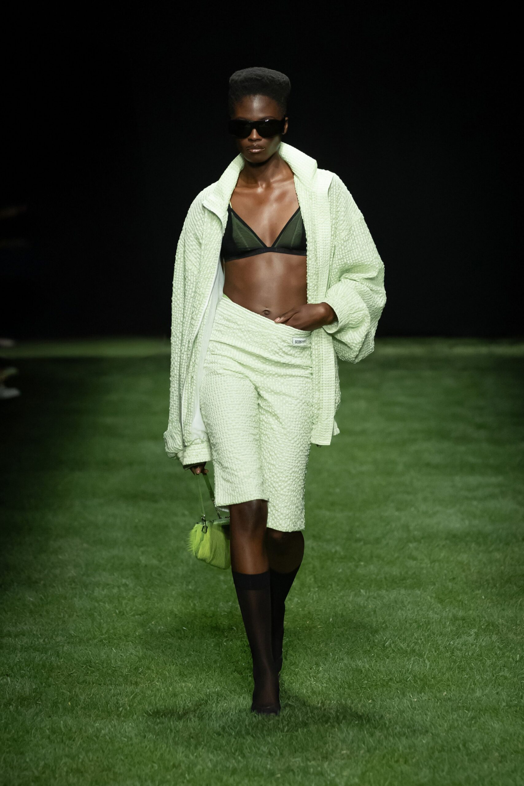green cotton long-sleeve oversized textured jacket