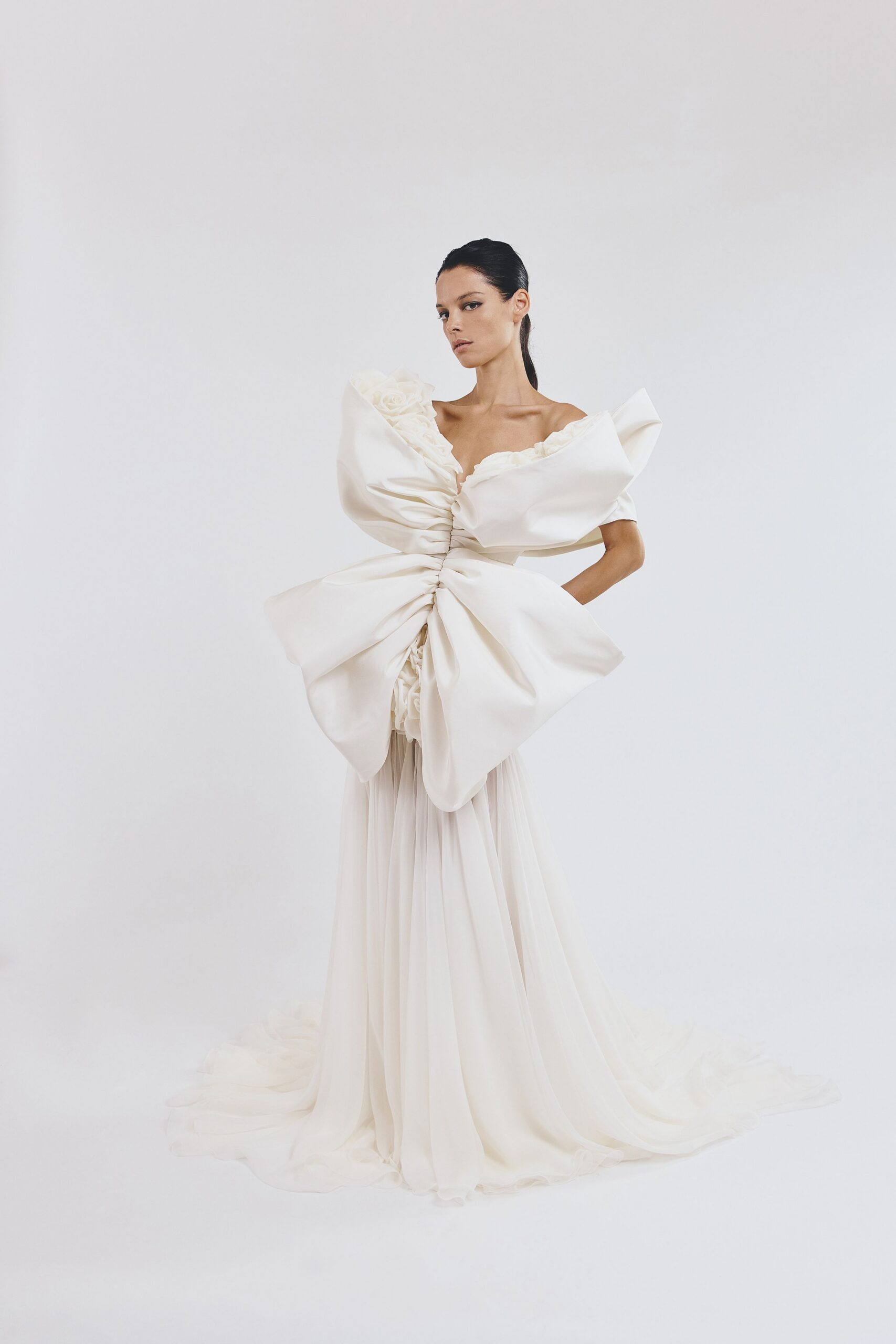 white silk off-shoulder gown