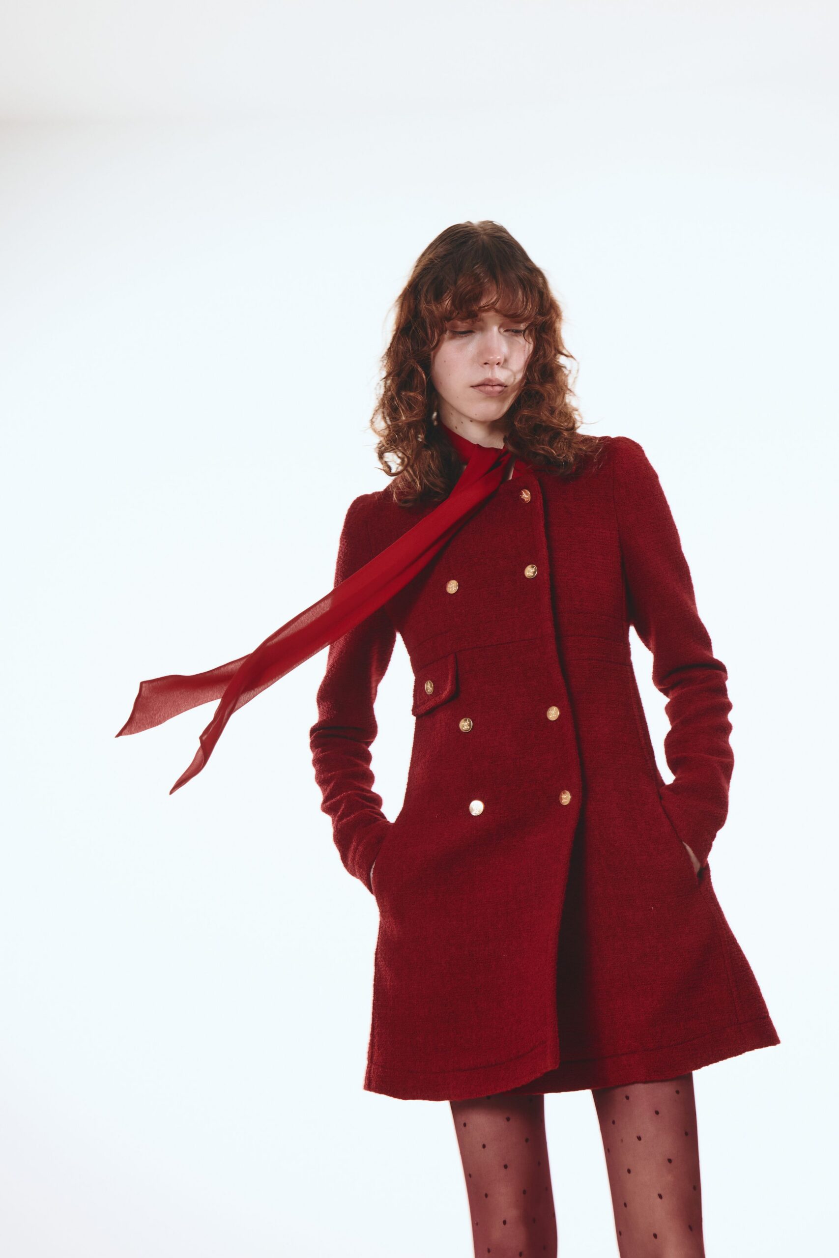 red wool fitted coat with scarf