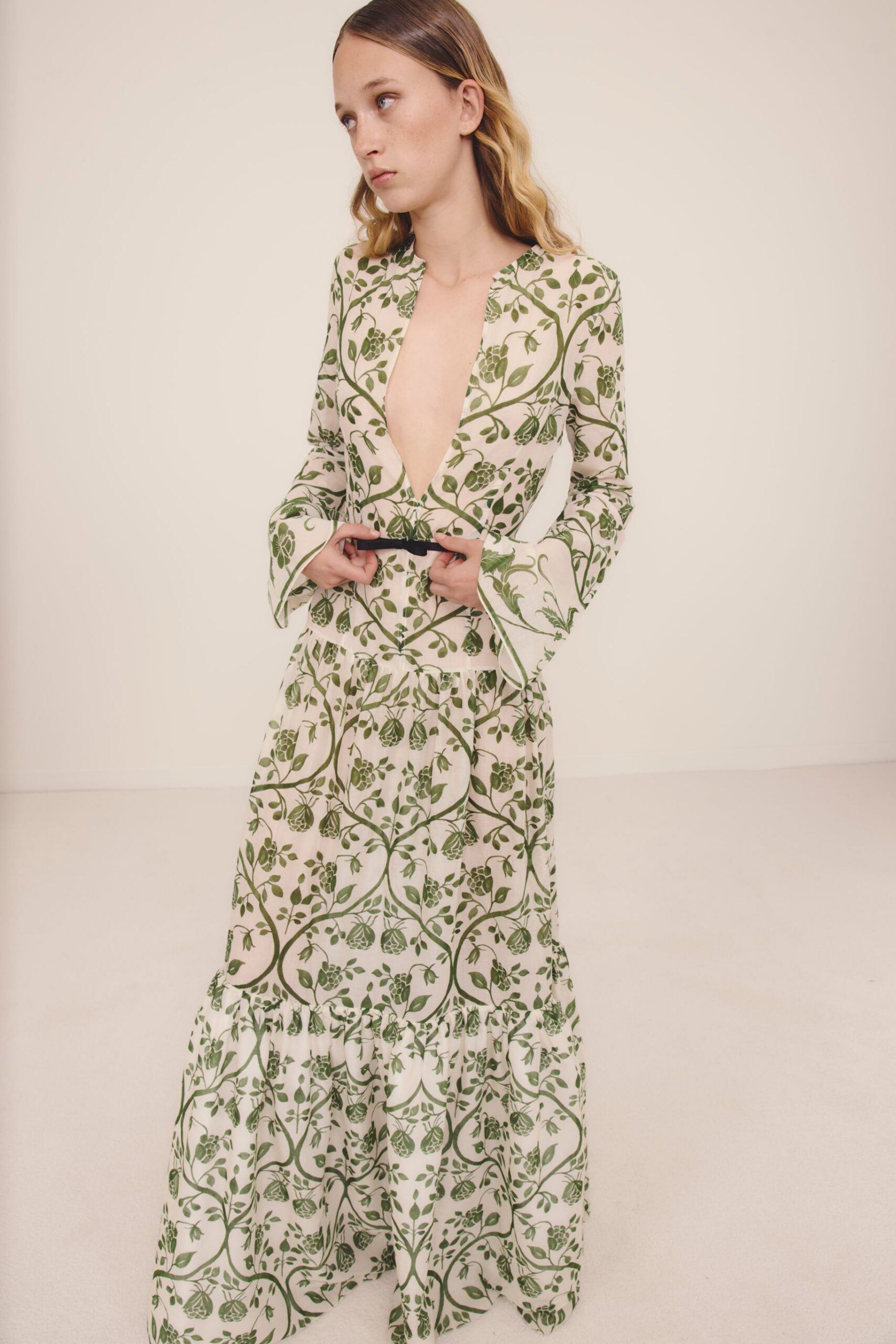 white and green printed gown