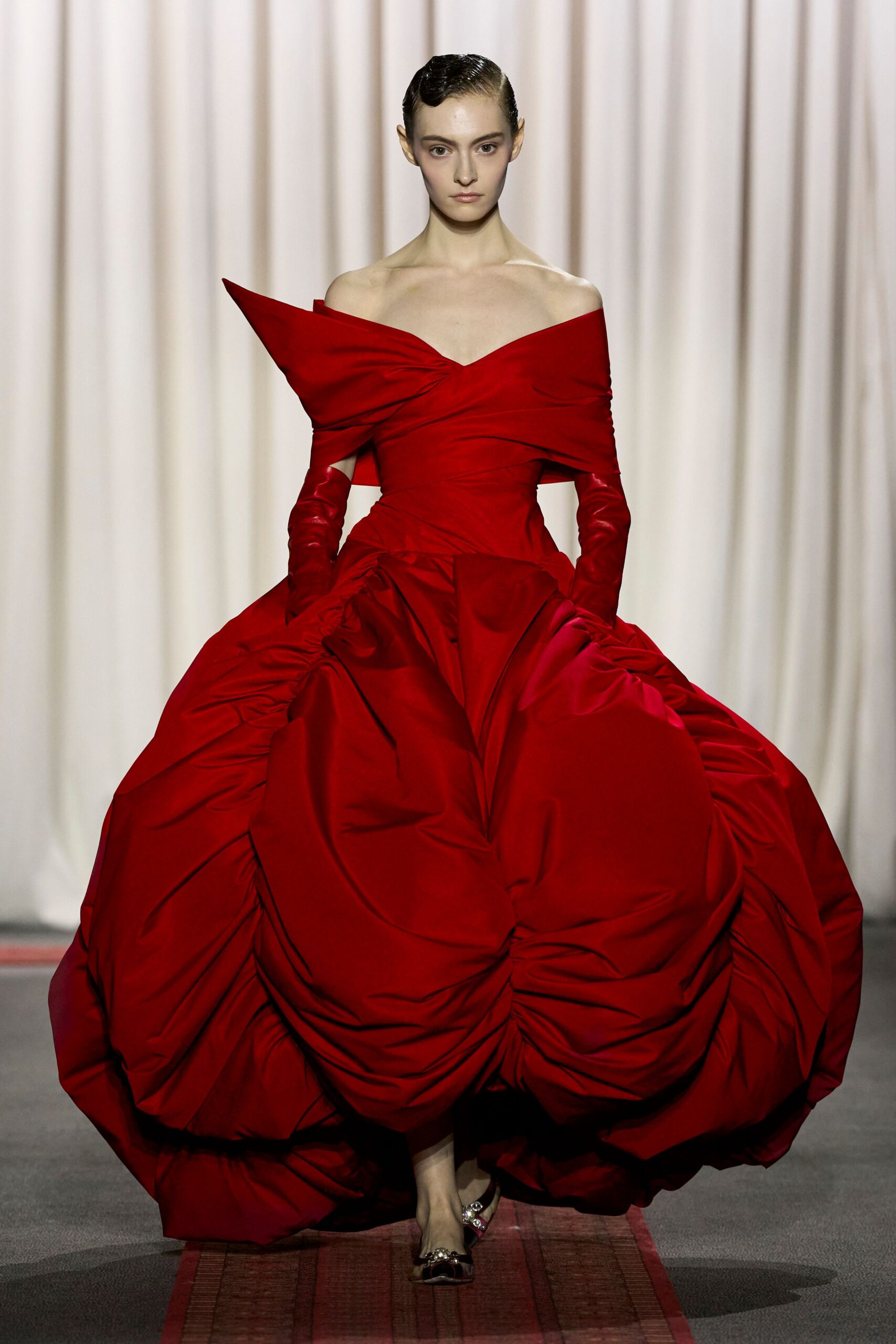 red silk off-shoulder gown