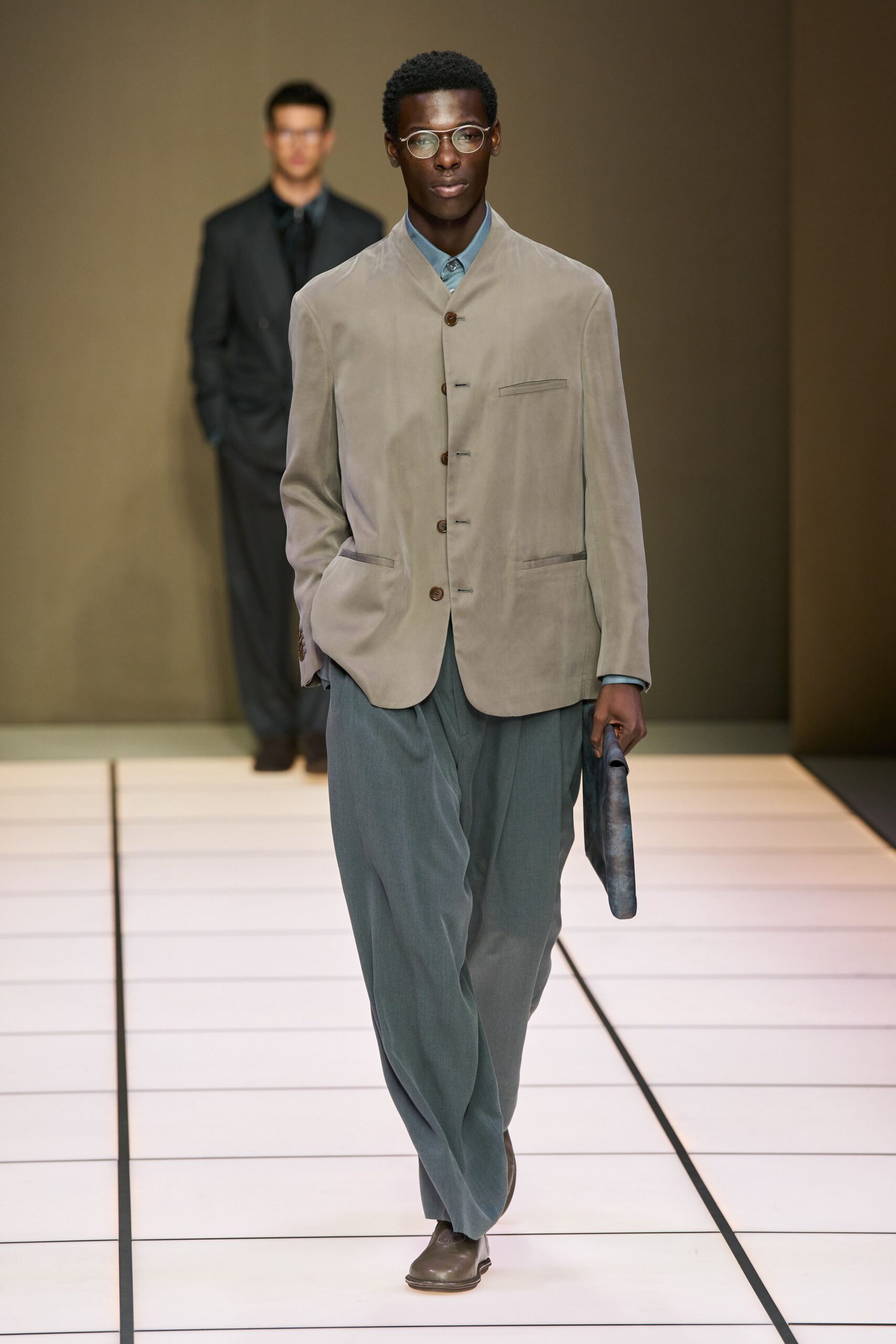beige velvet tailored blazer with gray pants