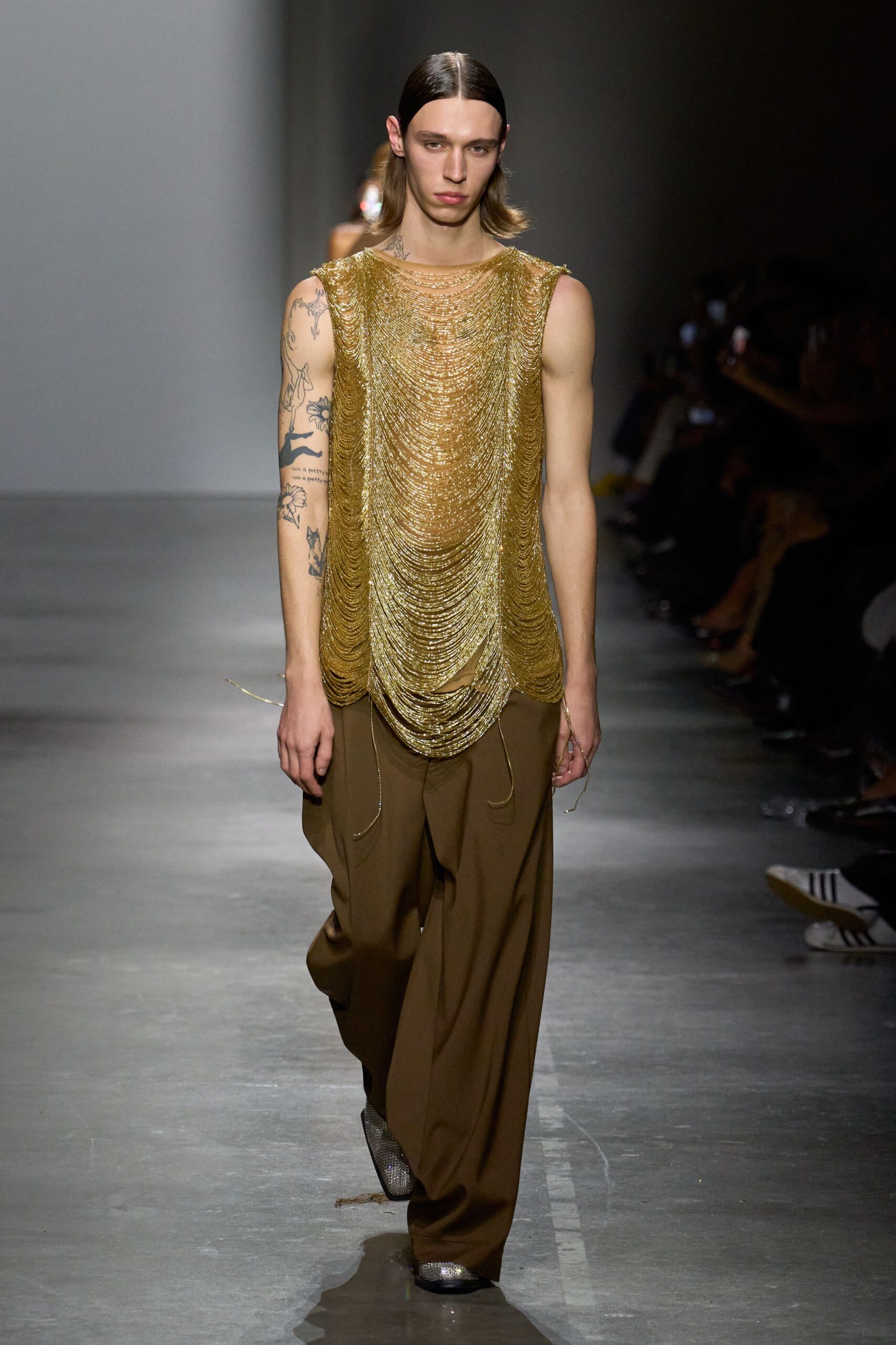 gold metallic sleeveless relaxed layered shiny top