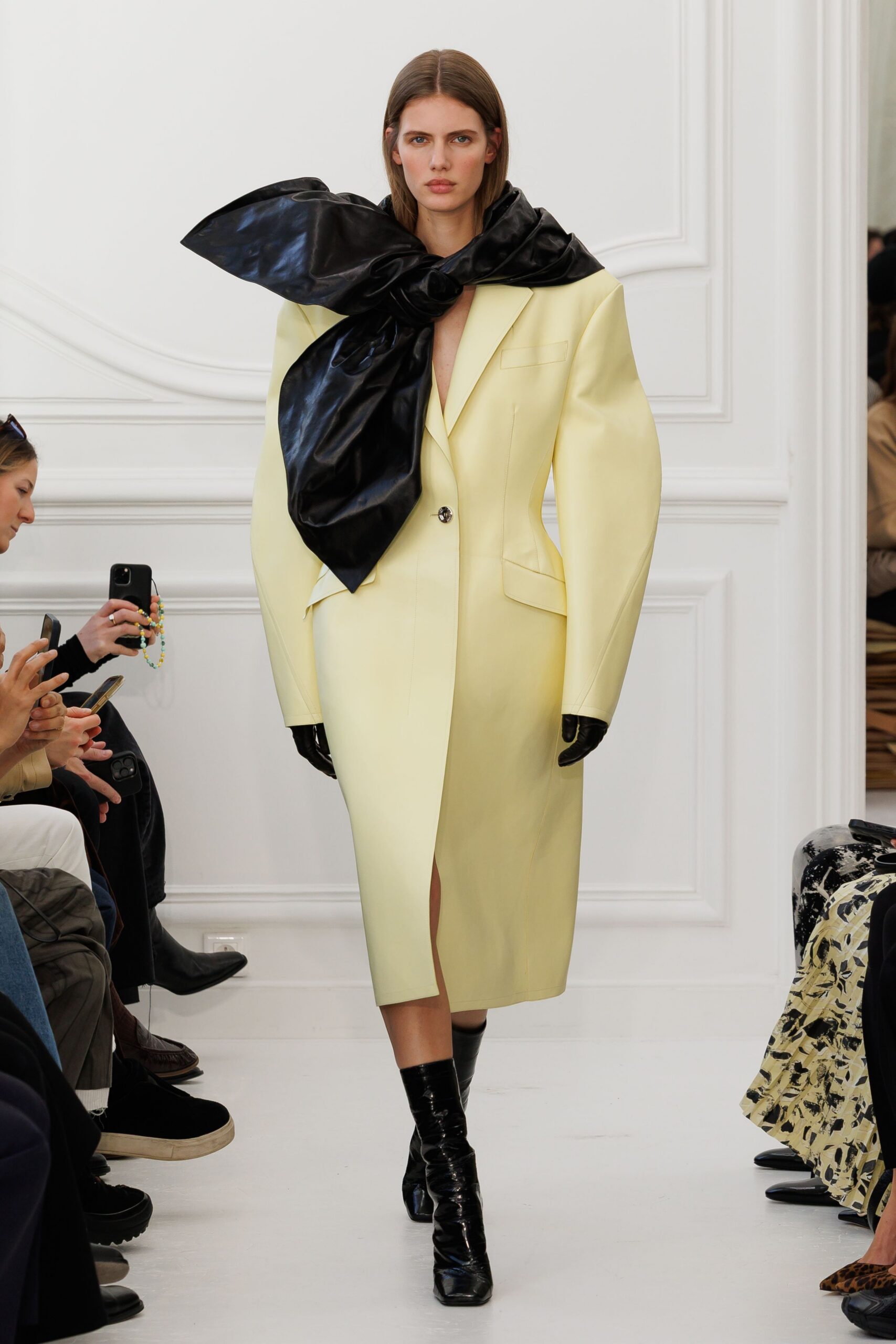 yellow vinyl long-sleeve collared structured buttoned midi coat