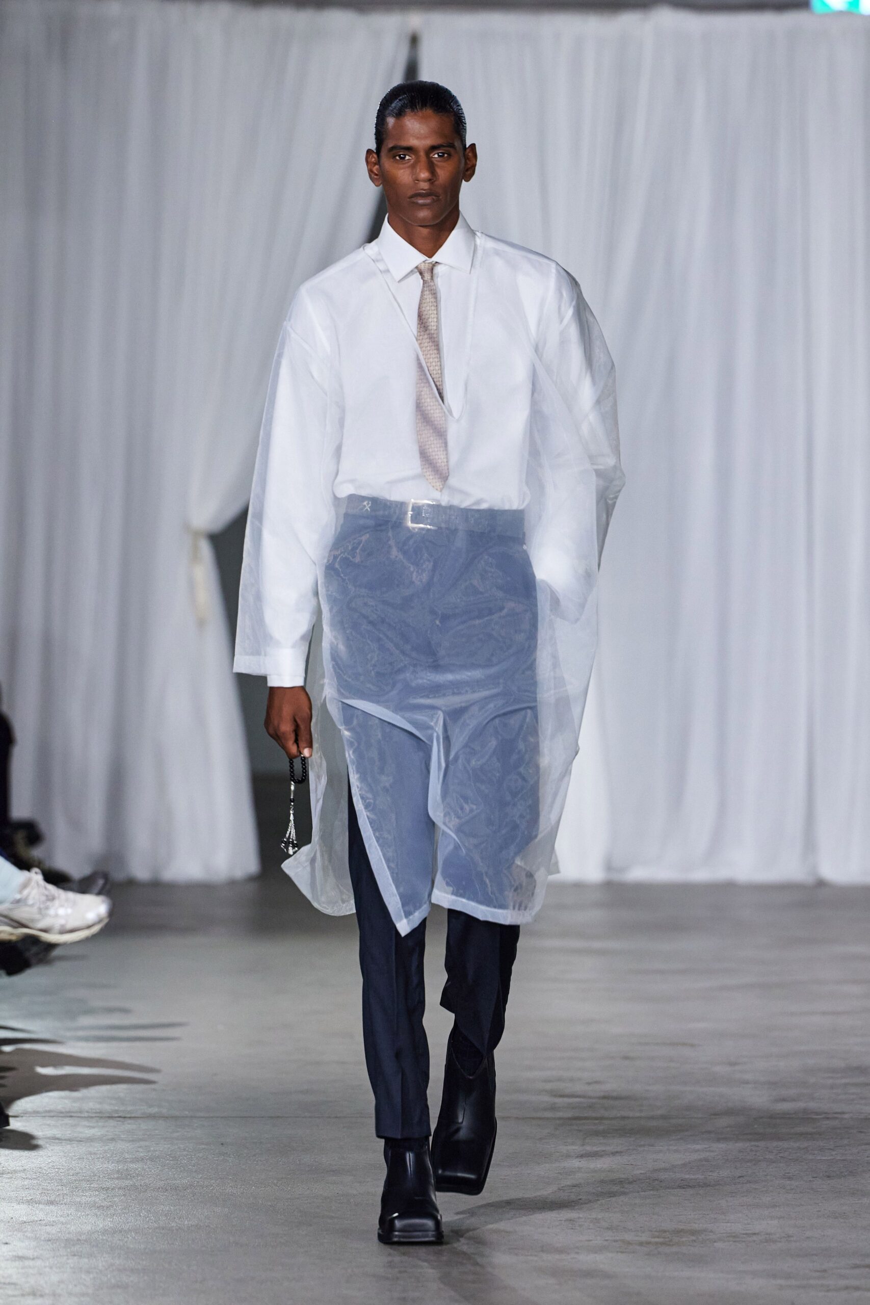 white shirt blue pants clear coat