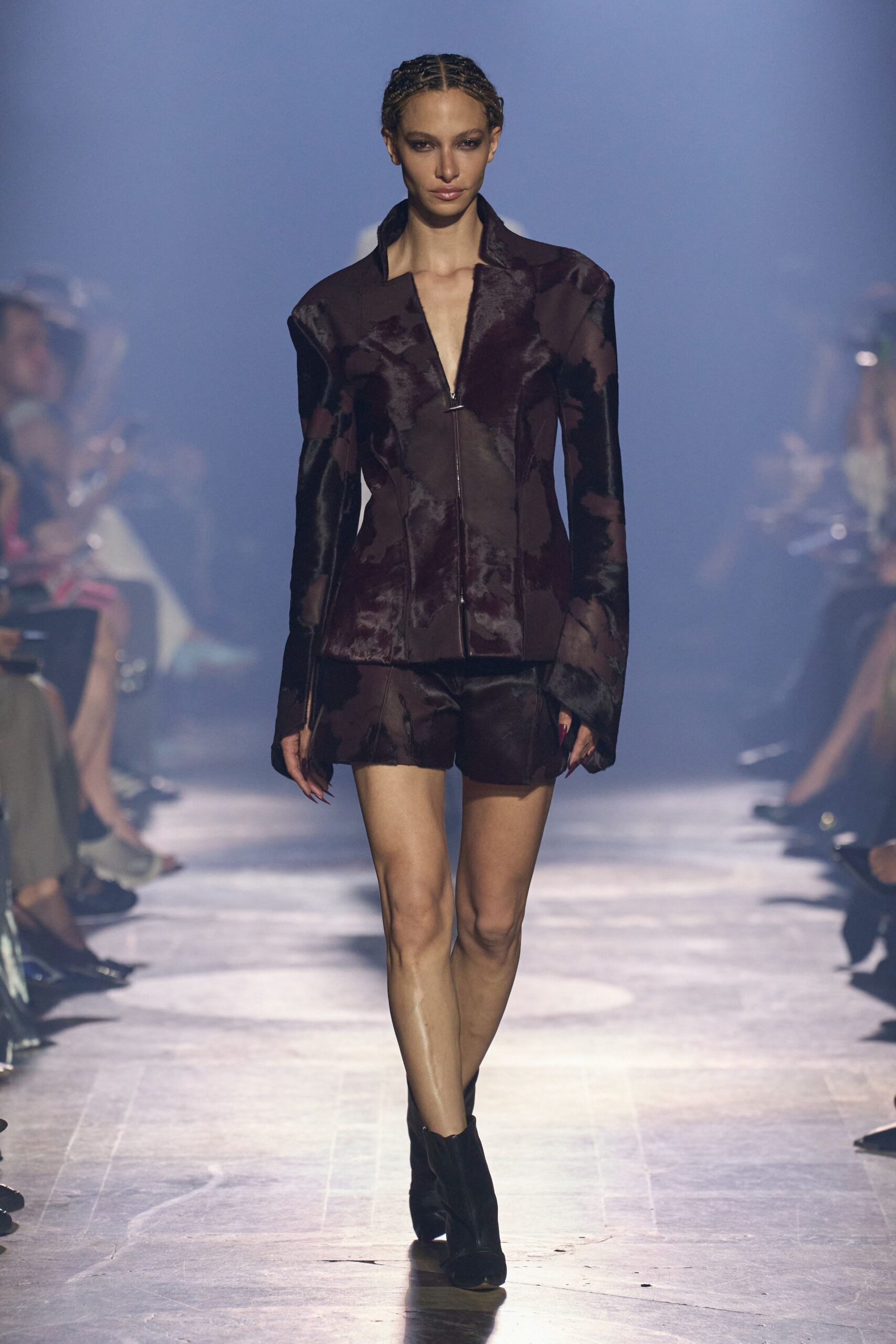 purple silk long-sleeve v-neck fitted zippered jacket