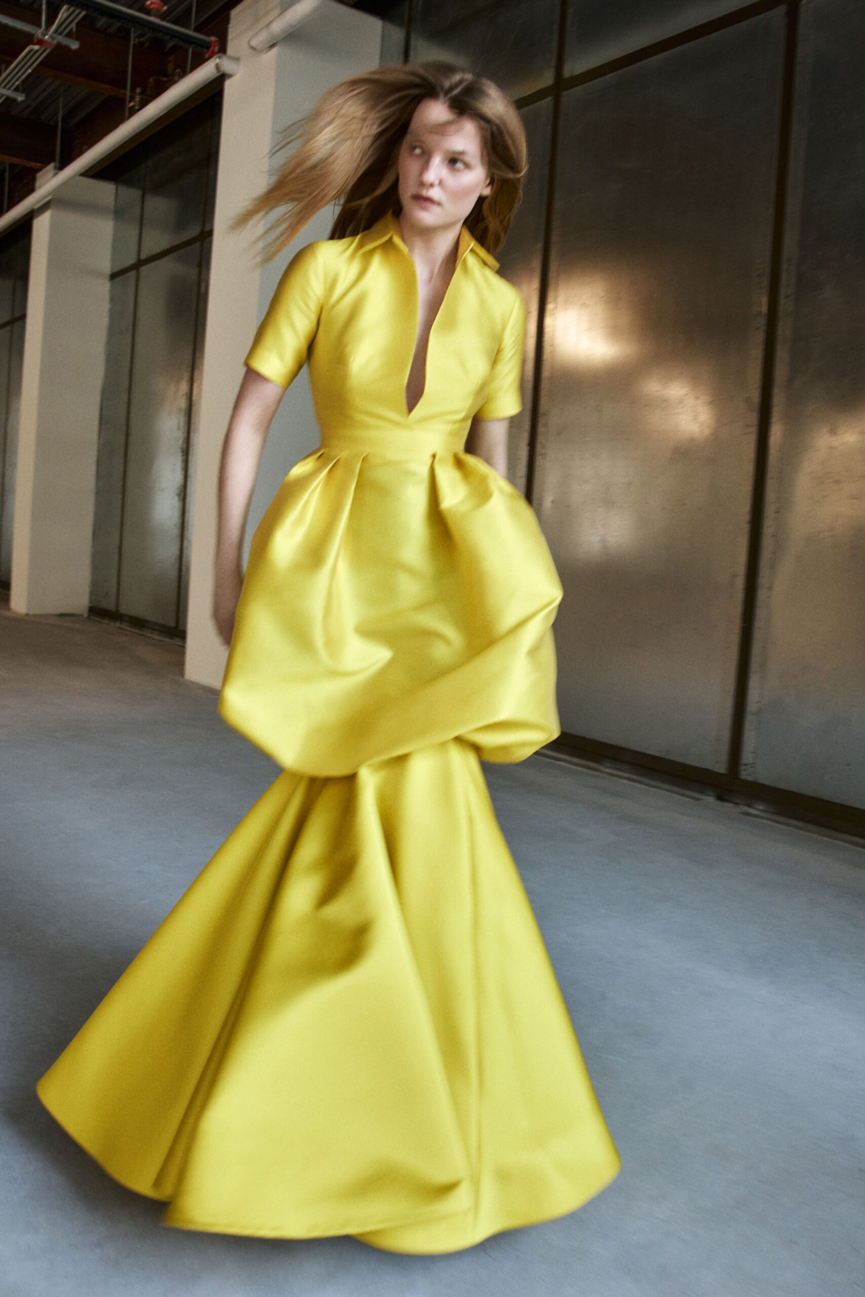 yellow satin v-neck gown