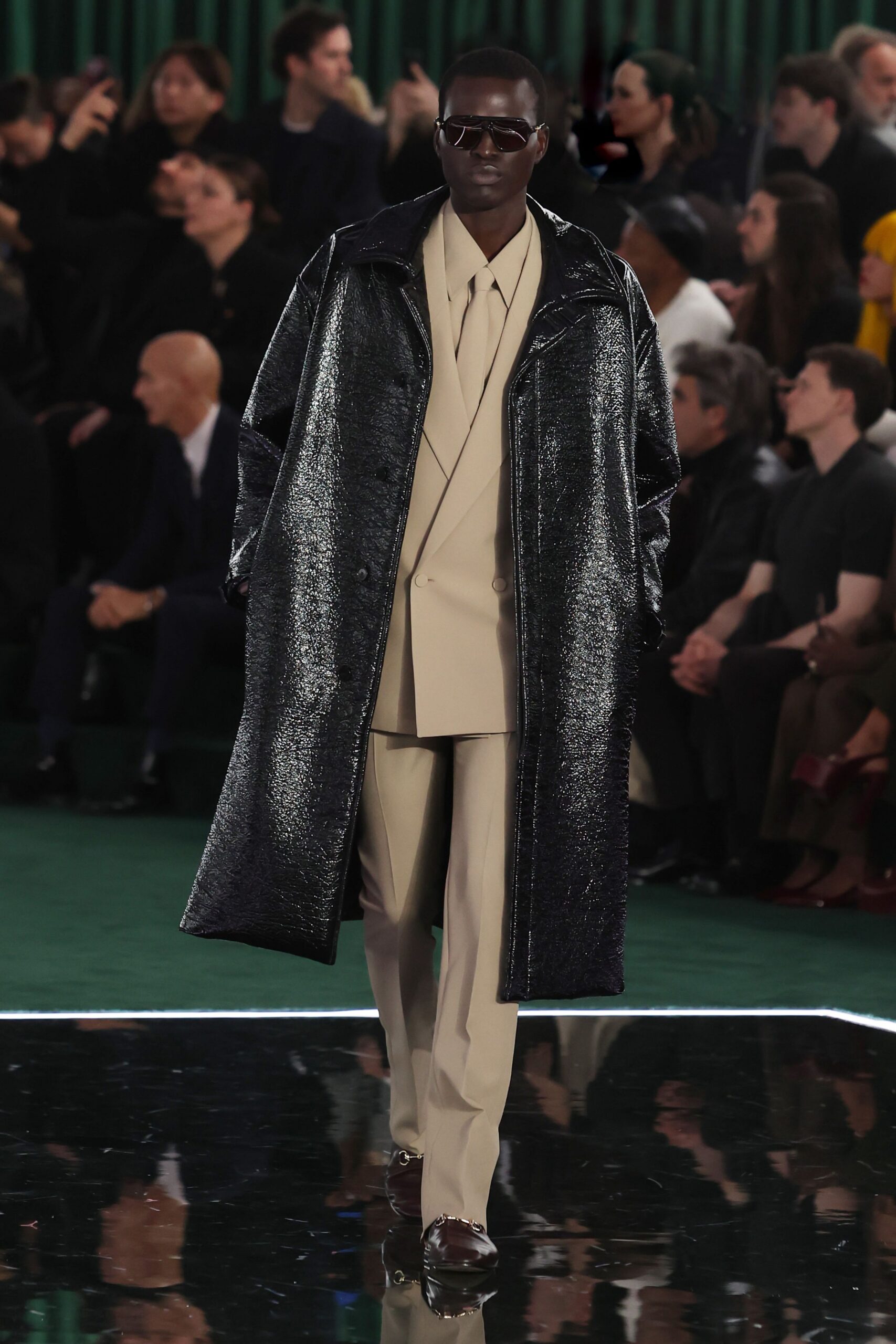 black vinyl long-sleeve collared oversized shiny coat
