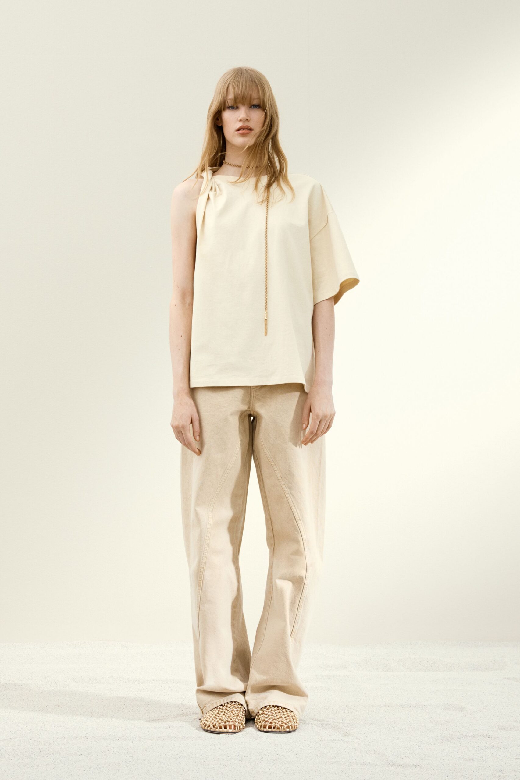 beige cotton short-sleeve asymmetric relaxed top