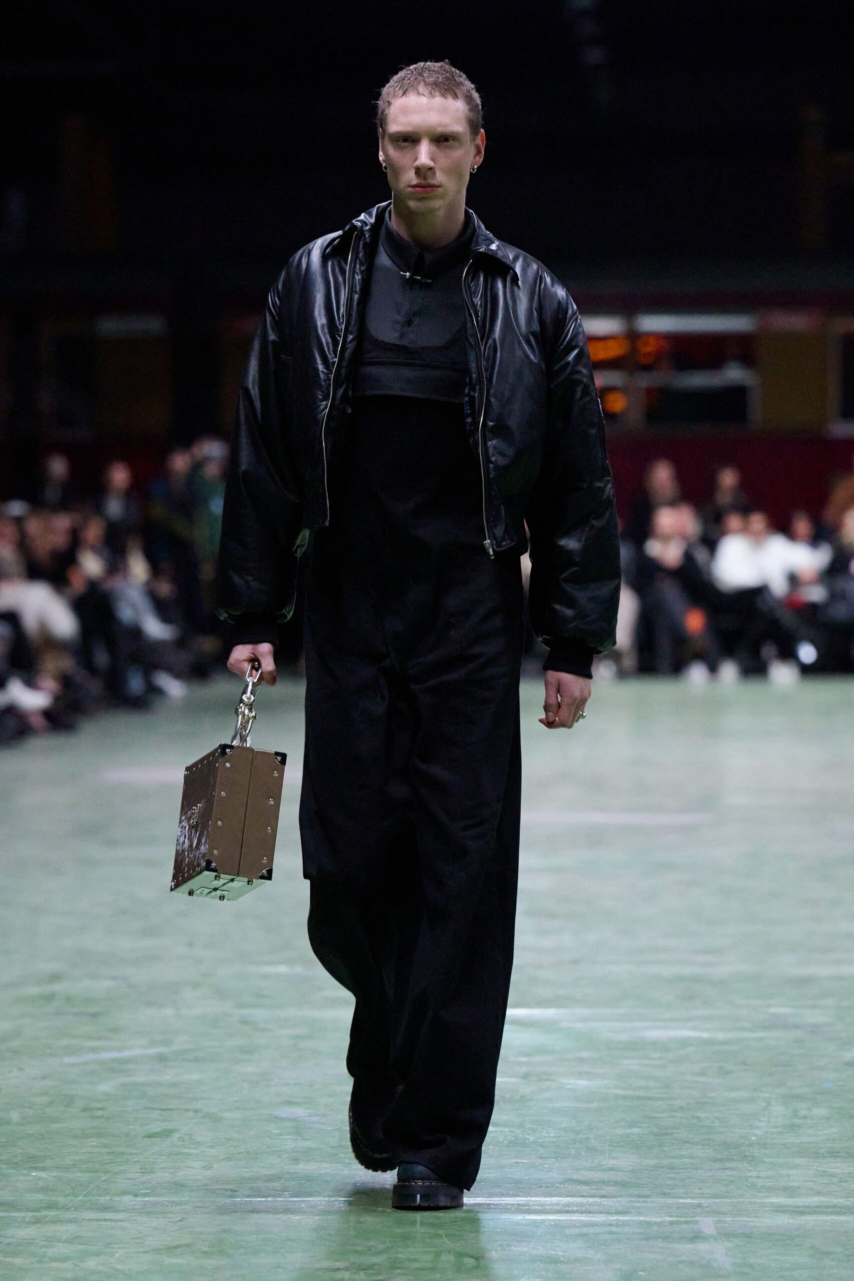 black leather oversized jacket and jumpsuit