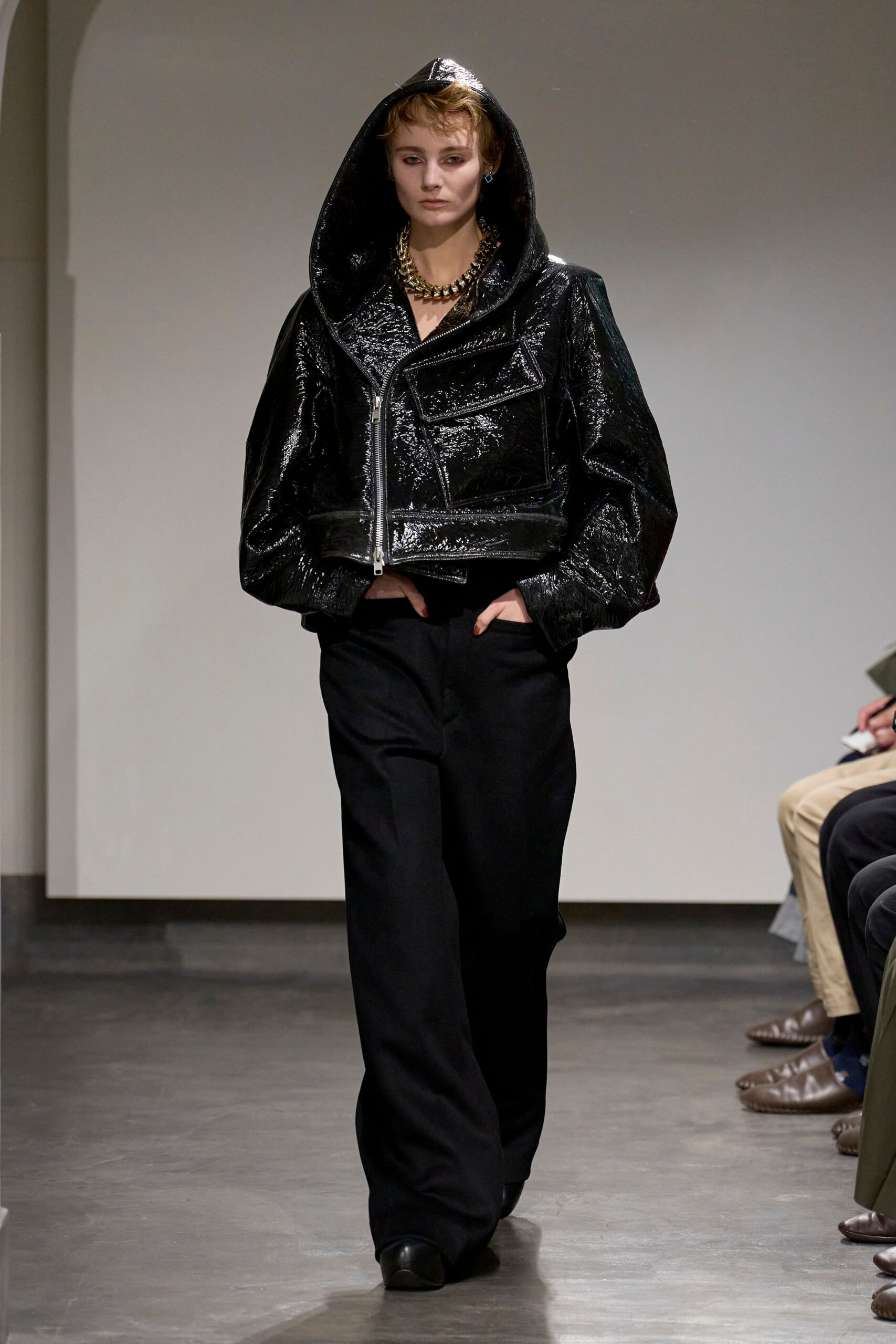 black vinyl long-sleeve hooded oversized zippered shiny jacket