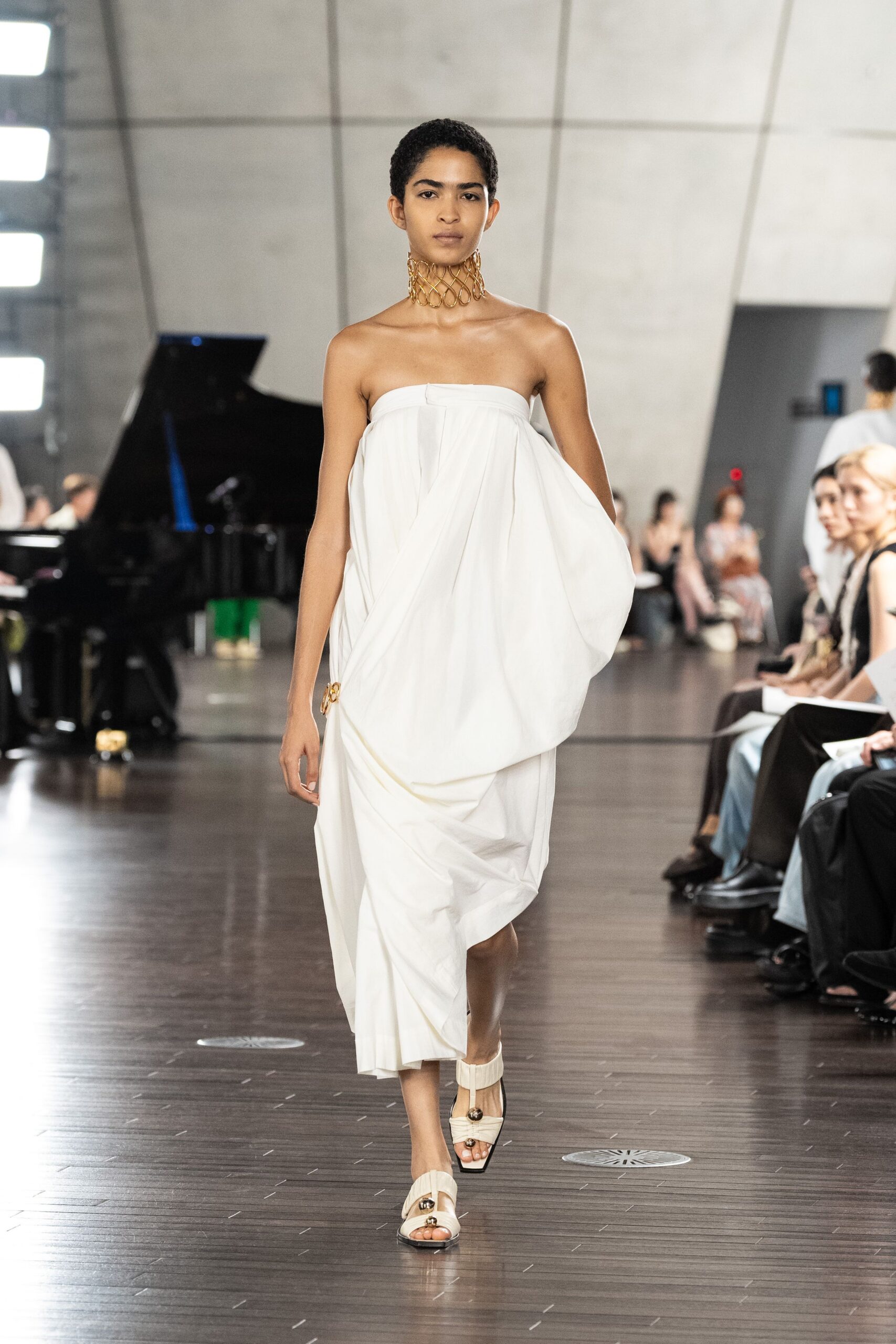 white cotton sleeveless strapless relaxed draped midi dress