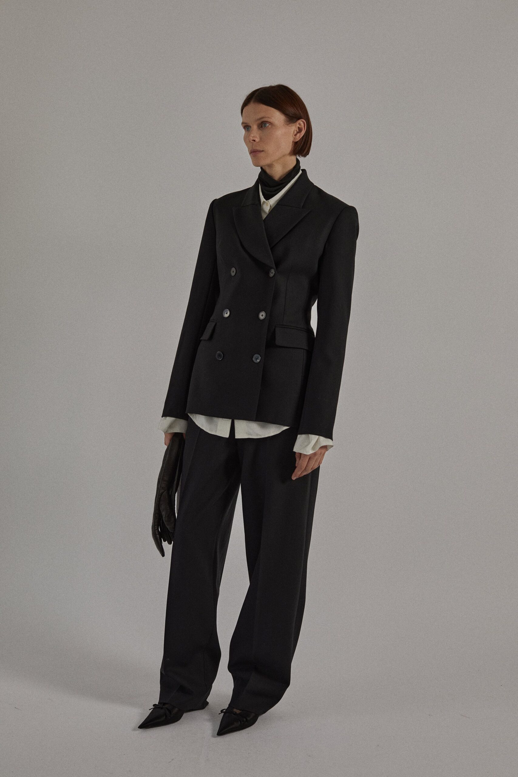 black tailored blazer with white shirt