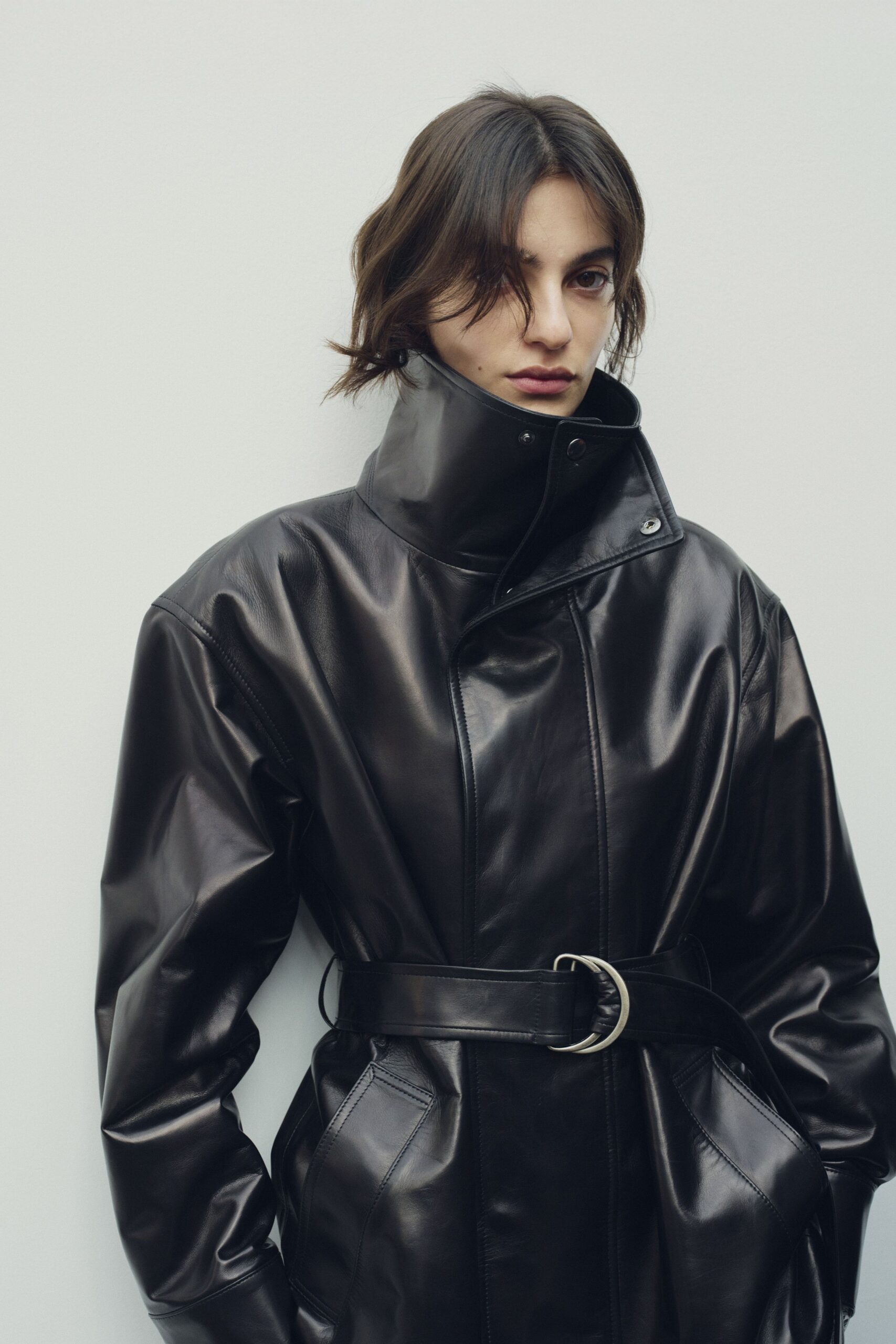 black leather fitted coat