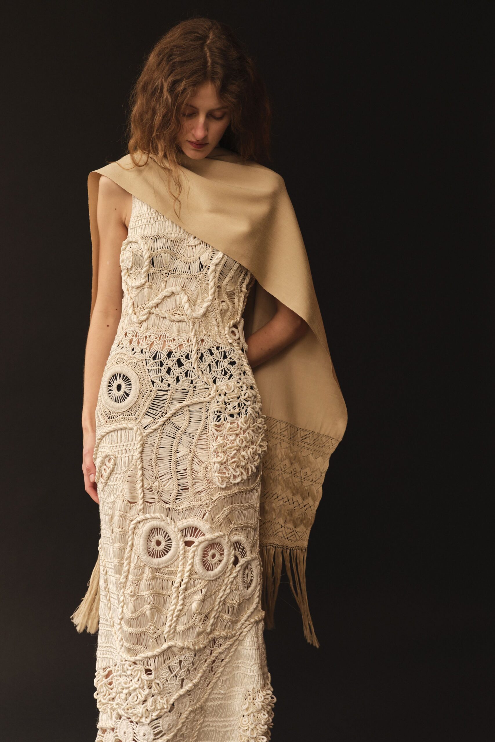 beige embroidered maxi dress with cape