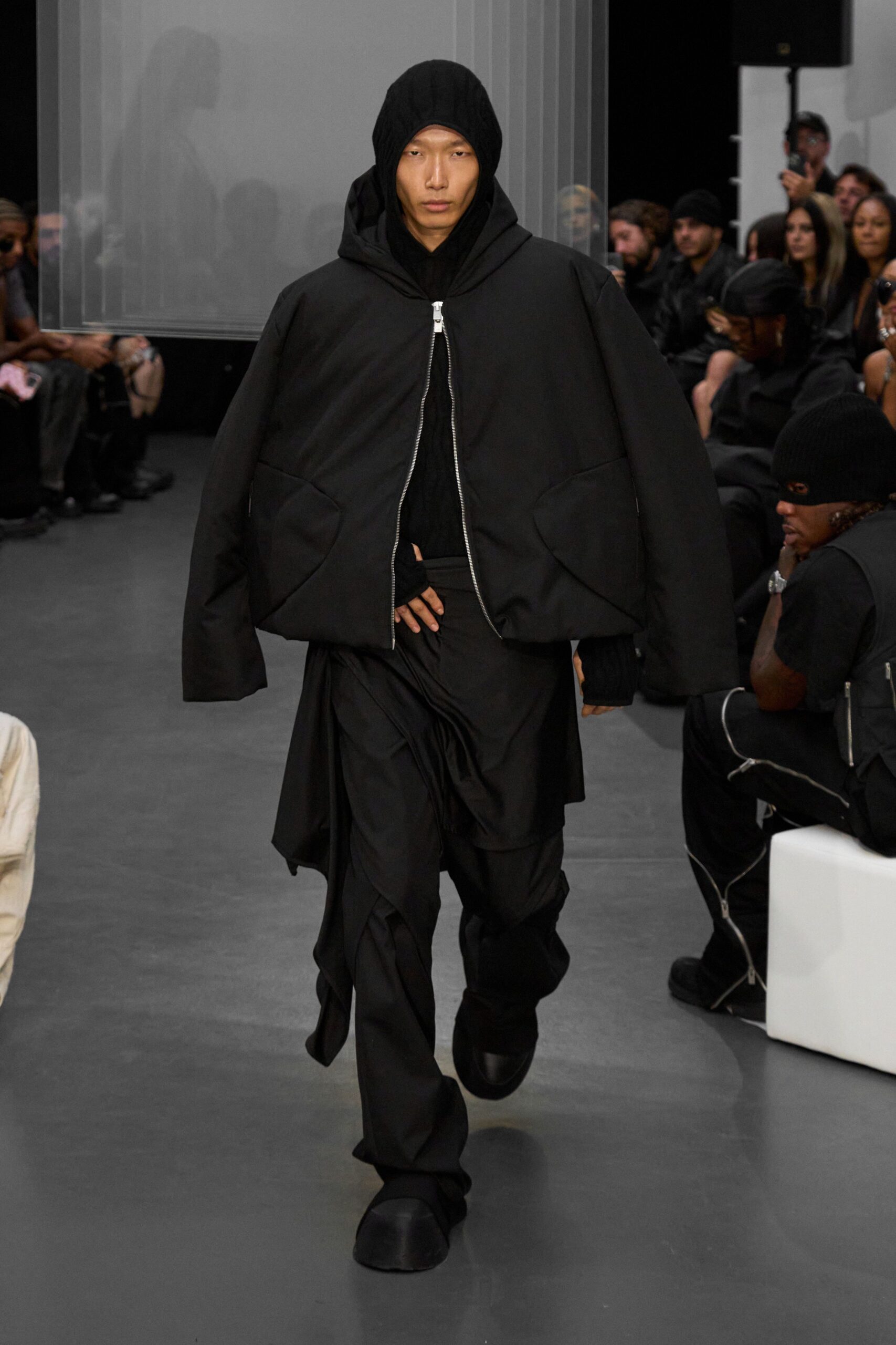 black oversized jacket and relaxed pants